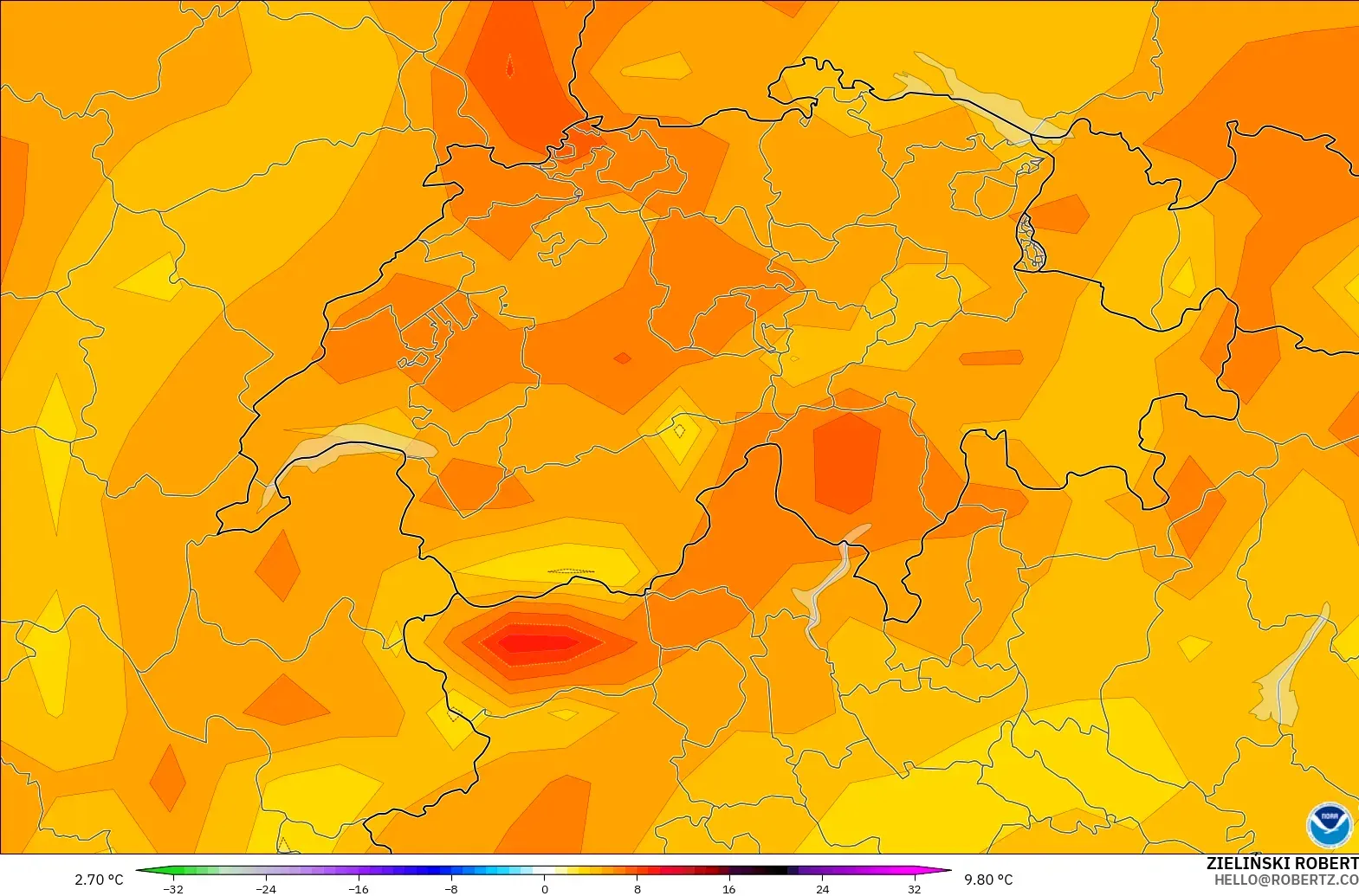 GFS modelo - Suíça, Anomalia de temperatura a 2 m