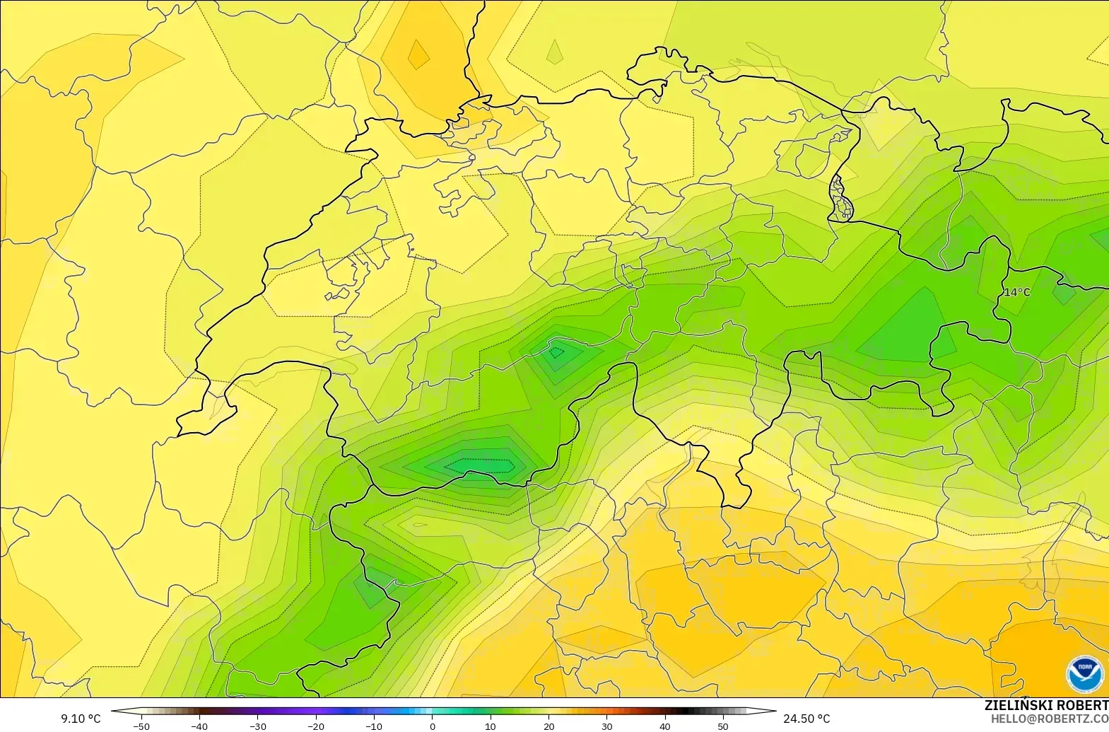 GFS modelo - Suíça, Temperatura a 2 m