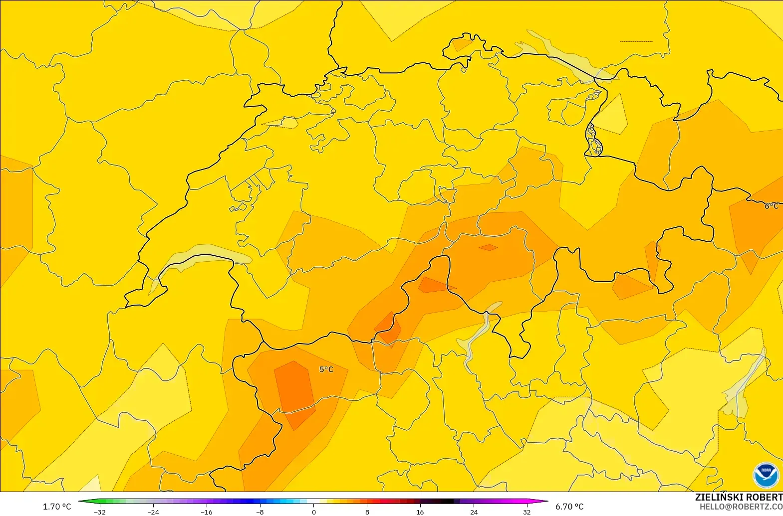 GFS modelo - Suíça, Anomalia de temperatura a 850 hPa