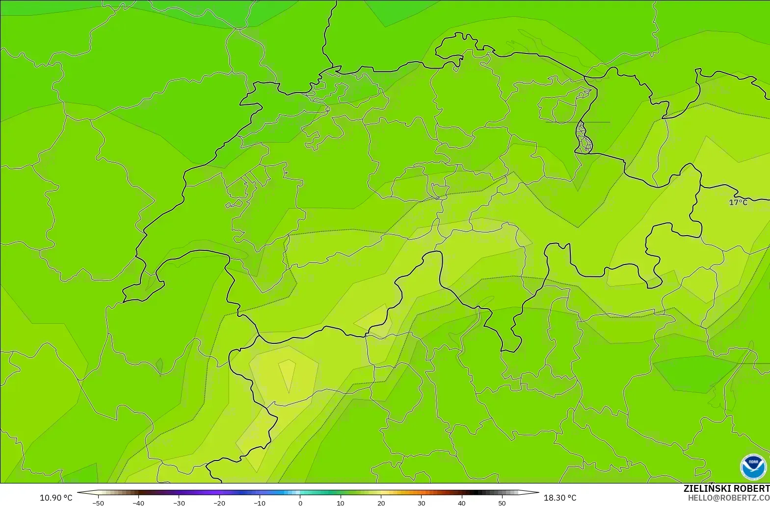 GFS modelo - Suíça, Temperatura a 850 hPa