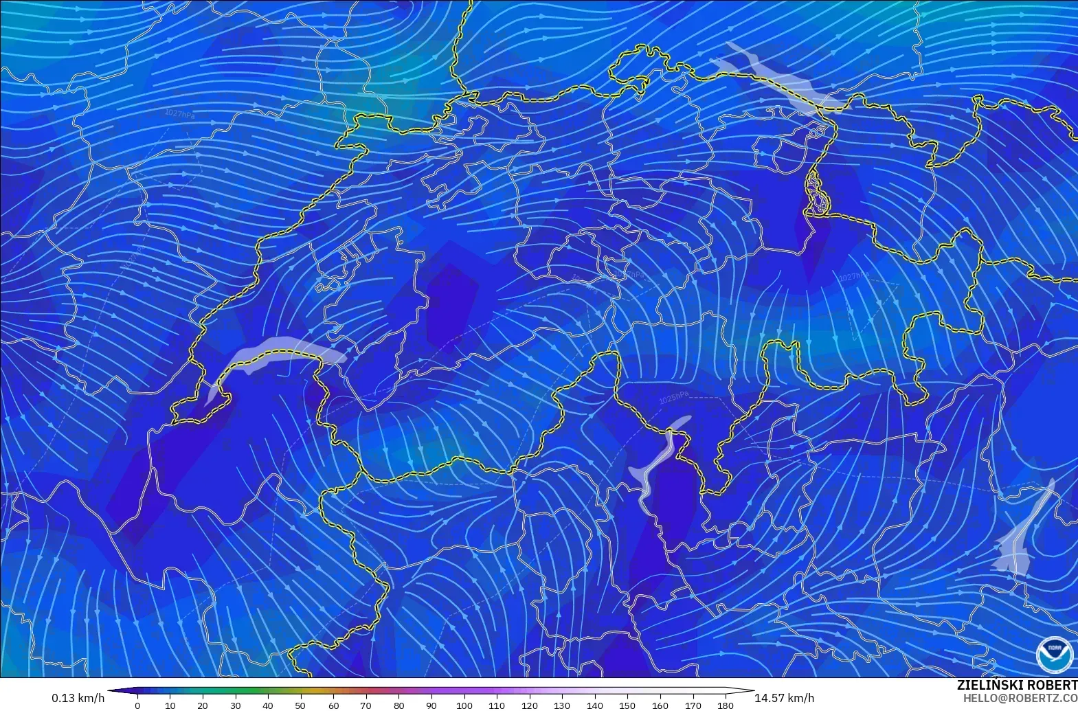 GFS modelo - Suíça, Vento a 10 m