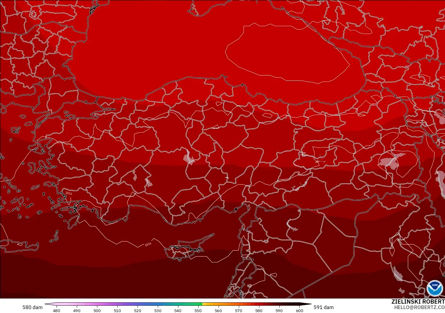 GFS modelo - Turquia, Altura geopotencial a 500 hPa