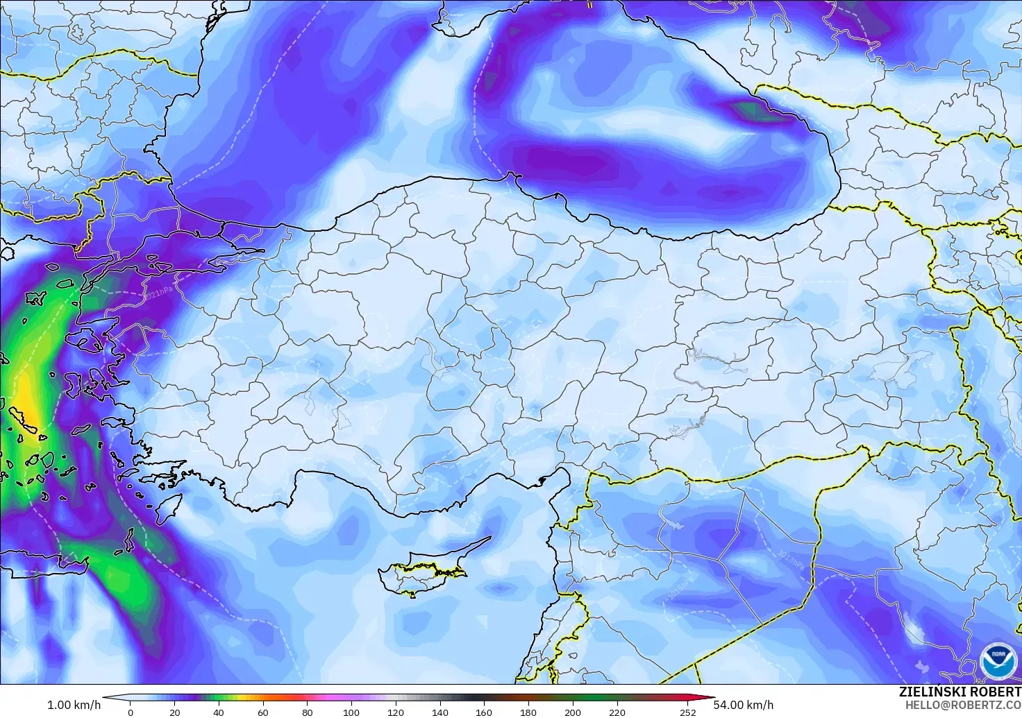 GFS modelo - Turquia, Rajadas de vento