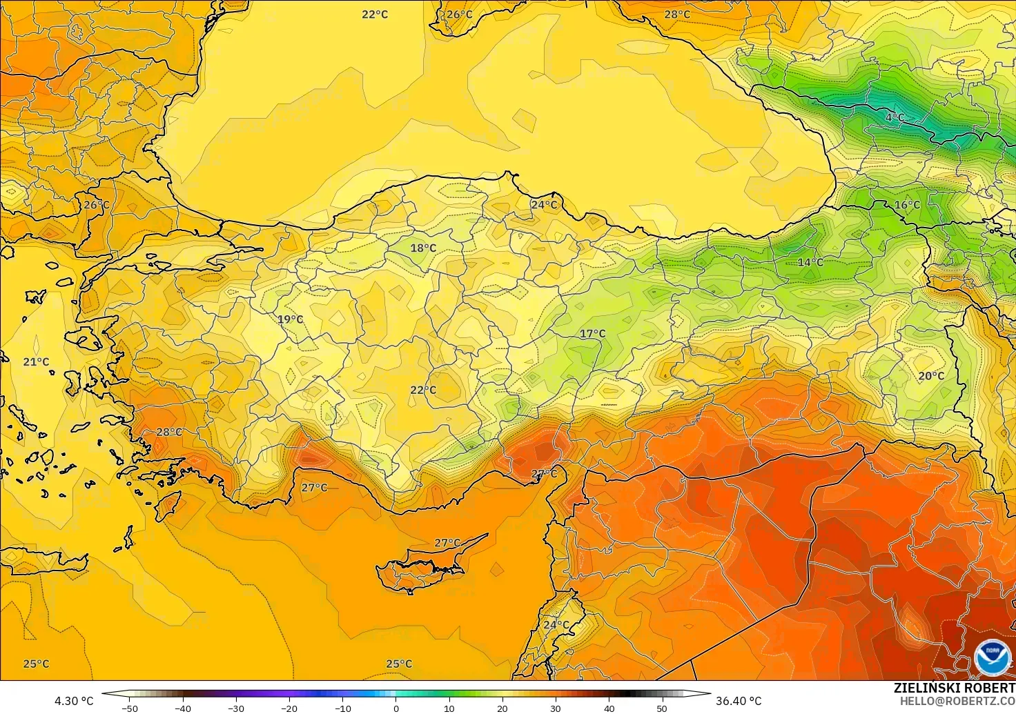 GFS modelo - Turquia, Temperatura a 2 m
