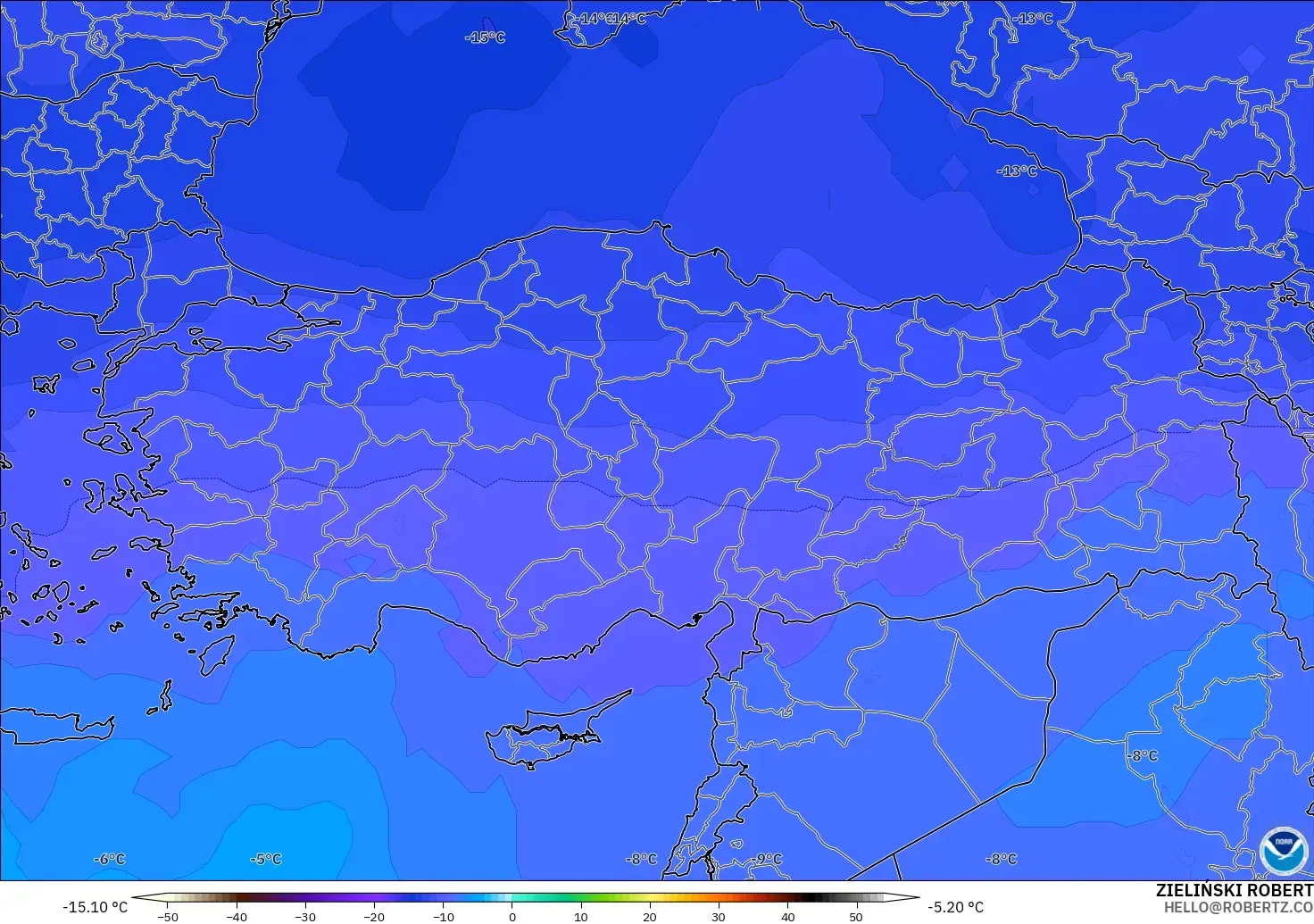 GFS modelo - Turquia, Temperatura a 500 hPa