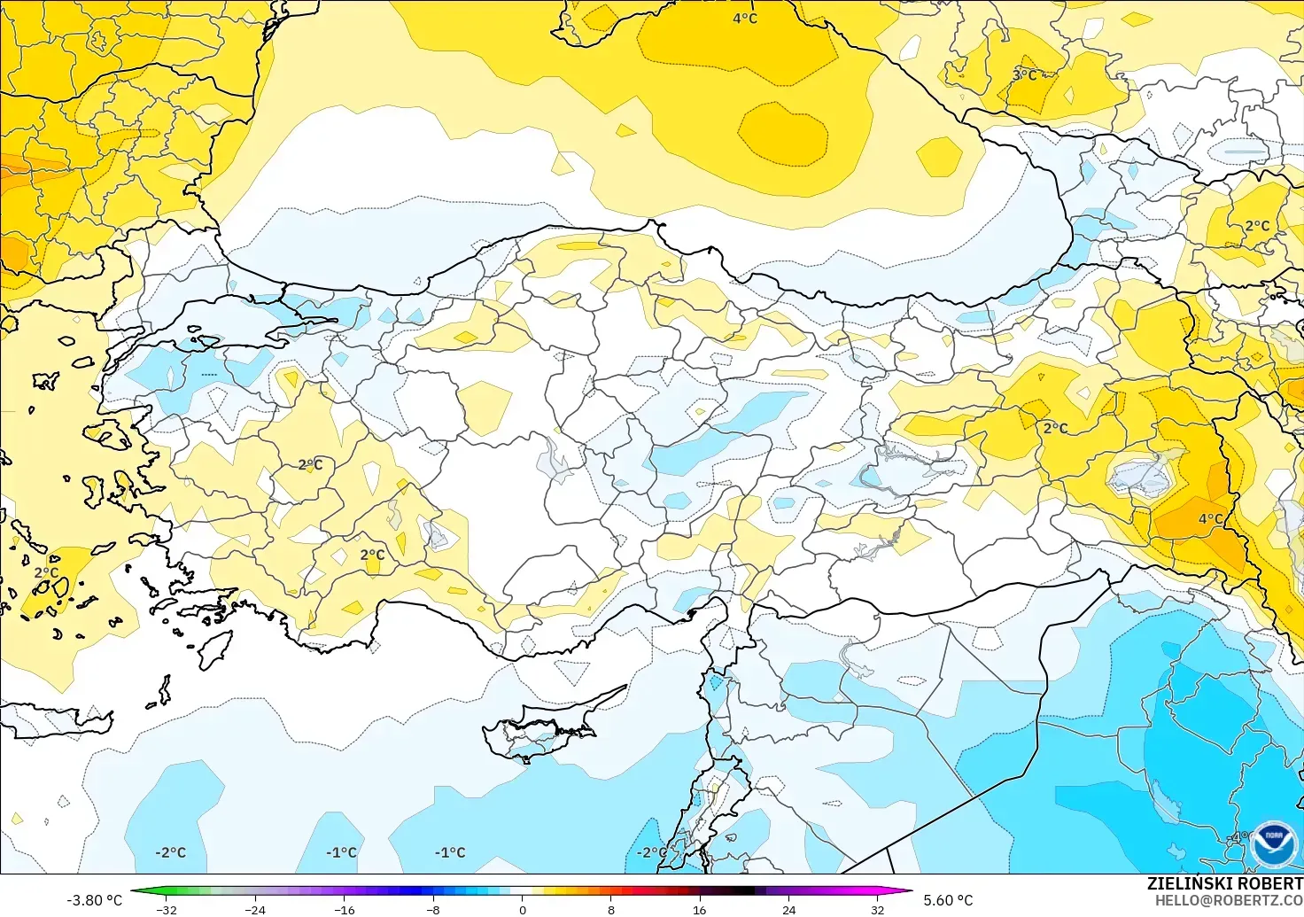 GFS modelo - Turquia, Anomalia de temperatura a 850 hPa