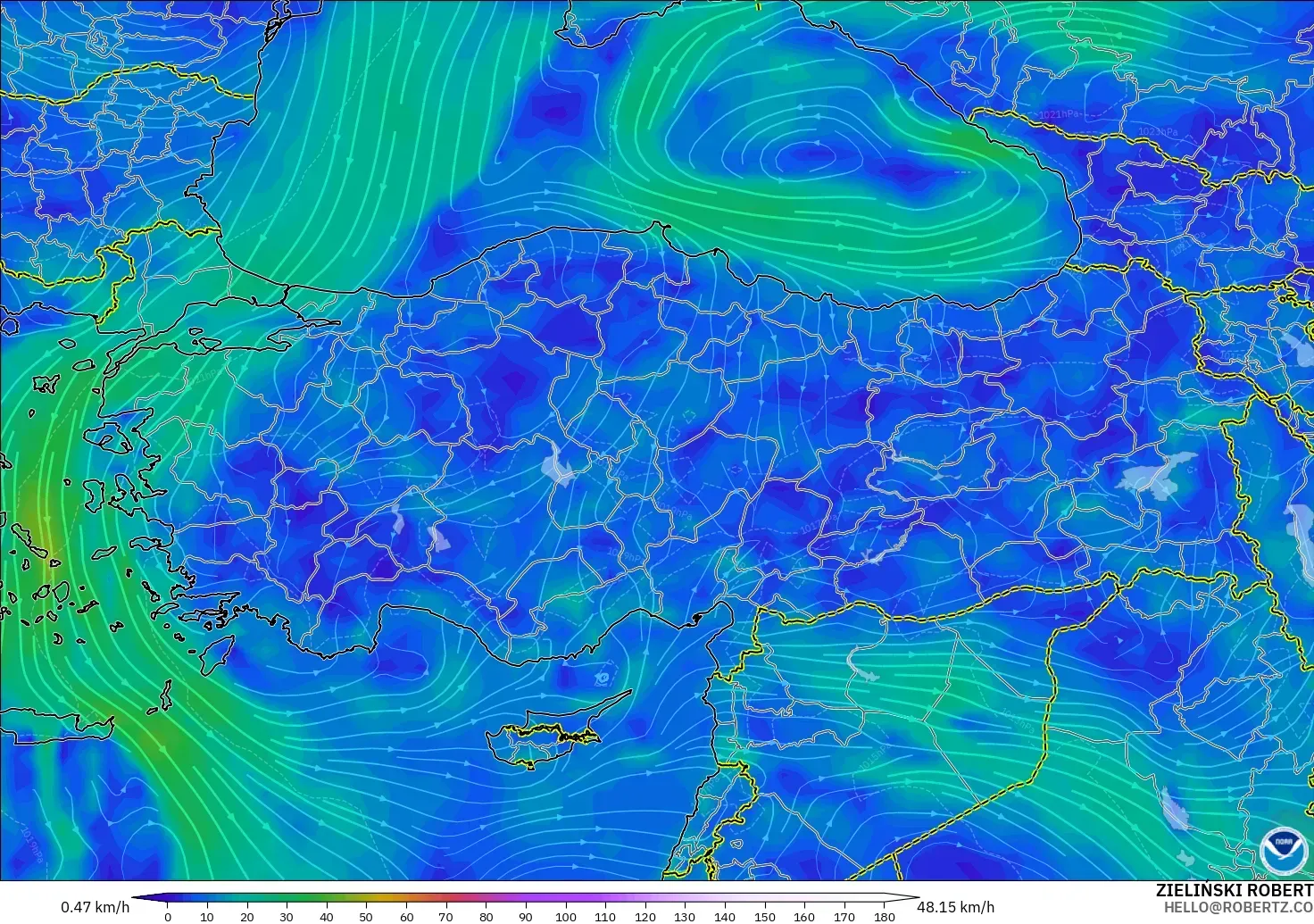 GFS modelo - Turquia, Vento a 10 m