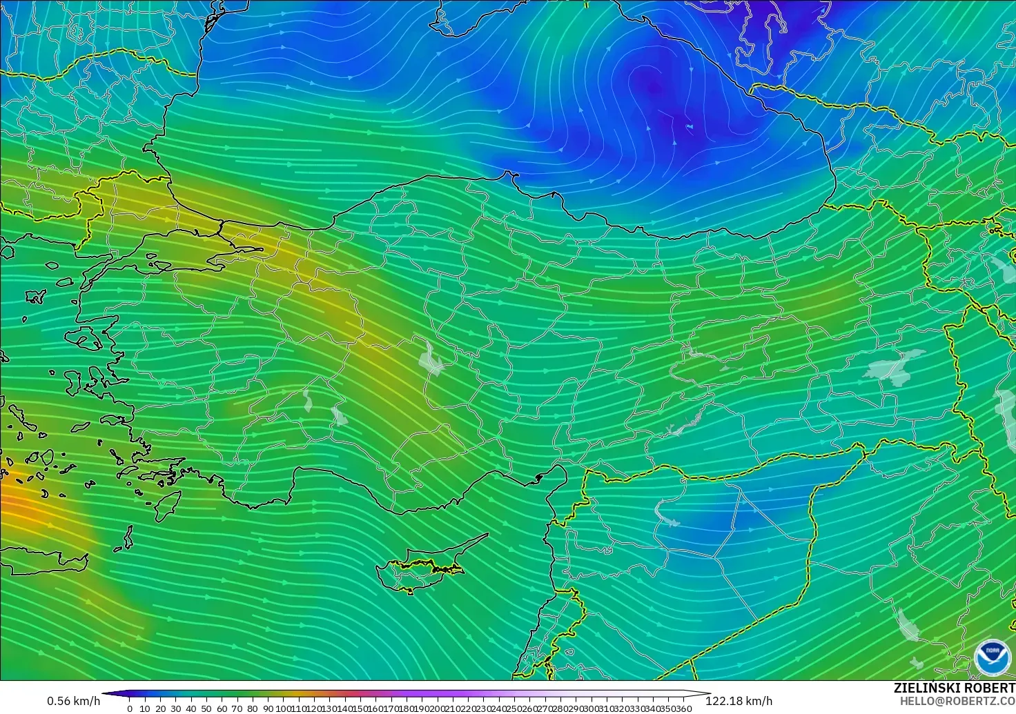 GFS modelo - Turquia, Vento a 300 hPa (corrente em jato)