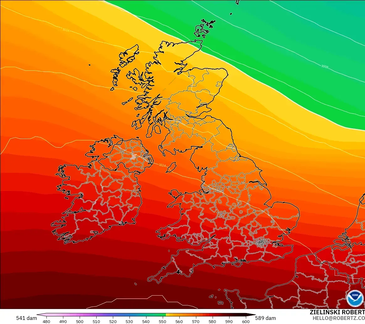 GFS modelo - Reino Unido, Altura geopotencial a 500 hPa