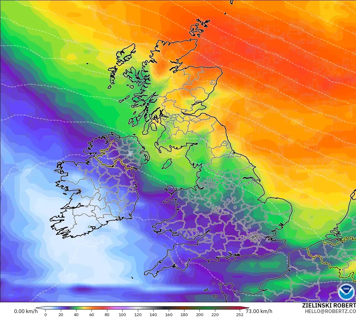 GFS modelo - Reino Unido, Rajadas de vento