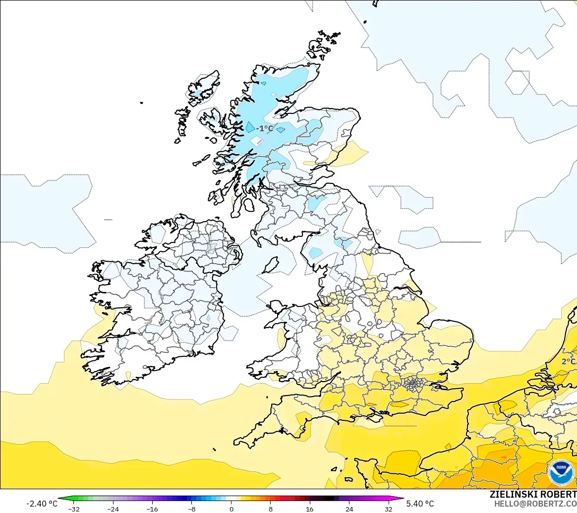 GFS modelo - Reino Unido, Anomalia de temperatura a 2 m