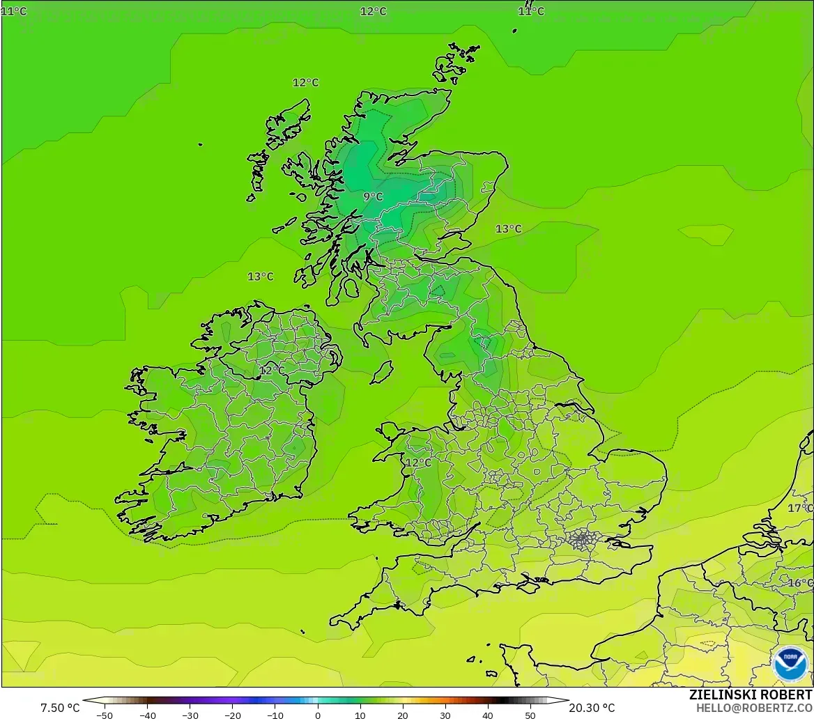 GFS modelo - Reino Unido, Temperatura a 2 m