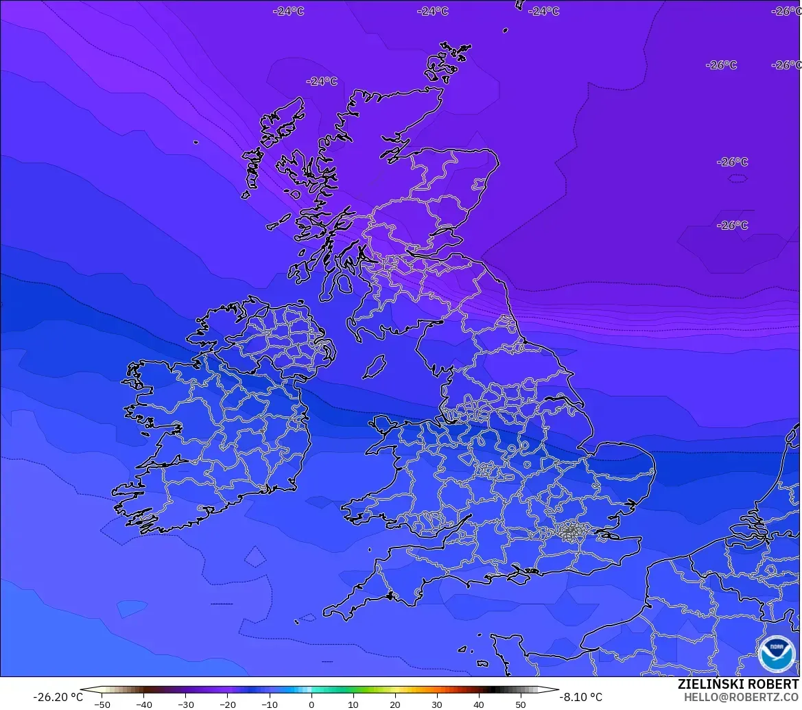GFS modelo - Reino Unido, Temperatura a 500 hPa