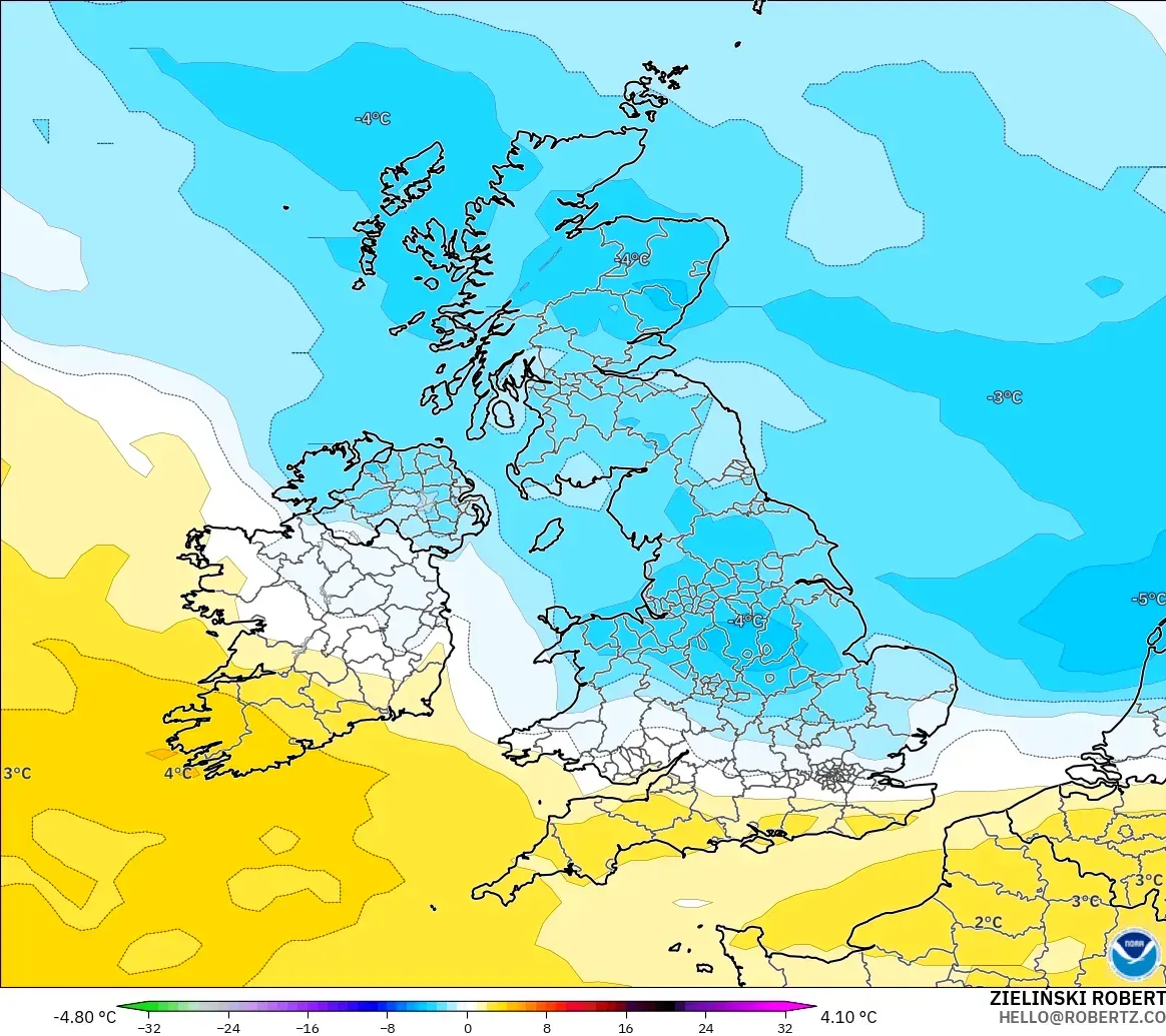 GFS modelo - Reino Unido, Anomalia de temperatura a 850 hPa