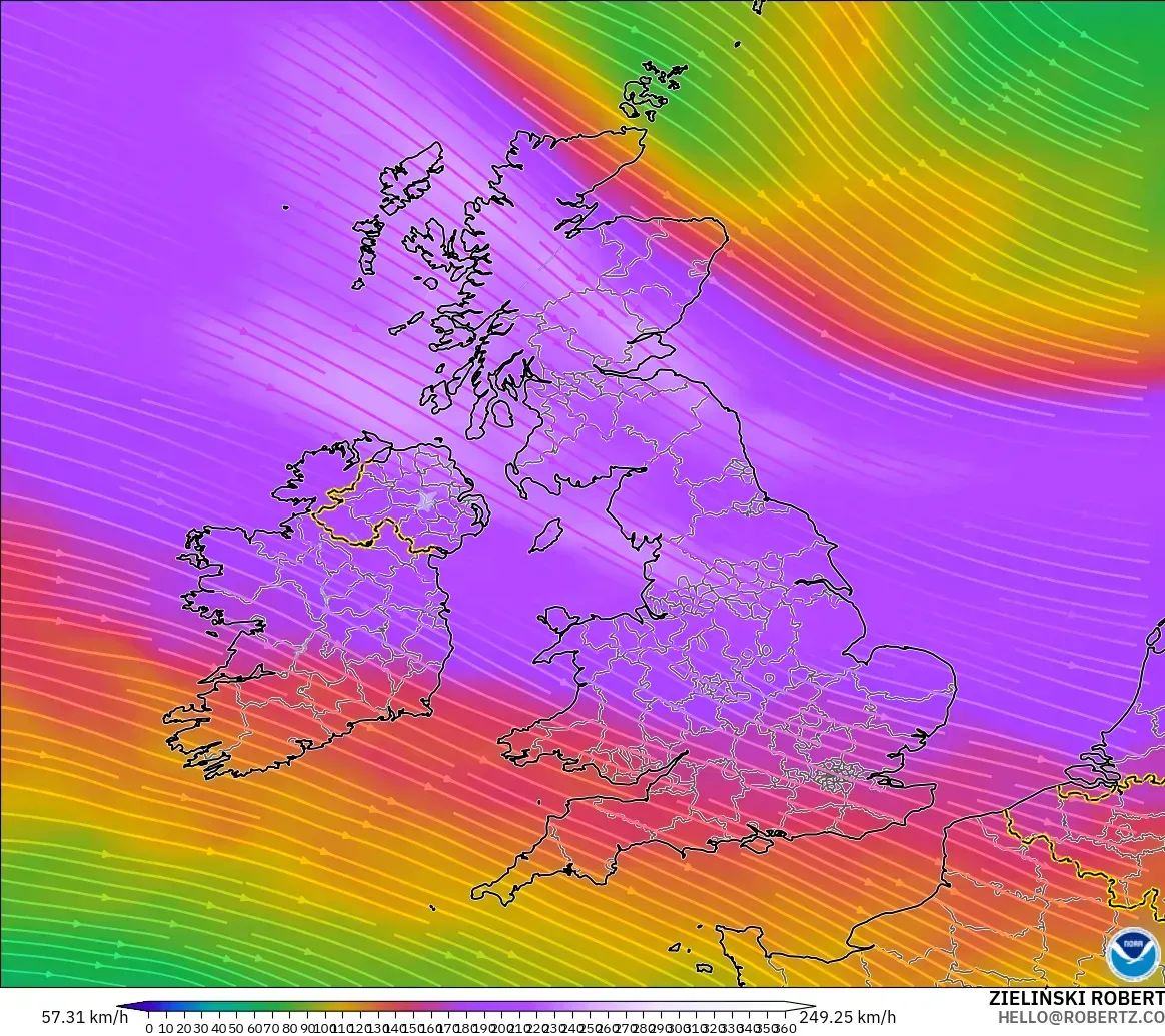 GFS modelo - Reino Unido, Vento a 300 hPa (corrente em jato)
