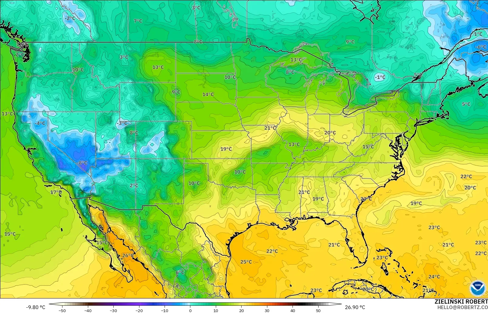 GFS modelo - Estados Unidos, Ponto de orvalho a 2 m