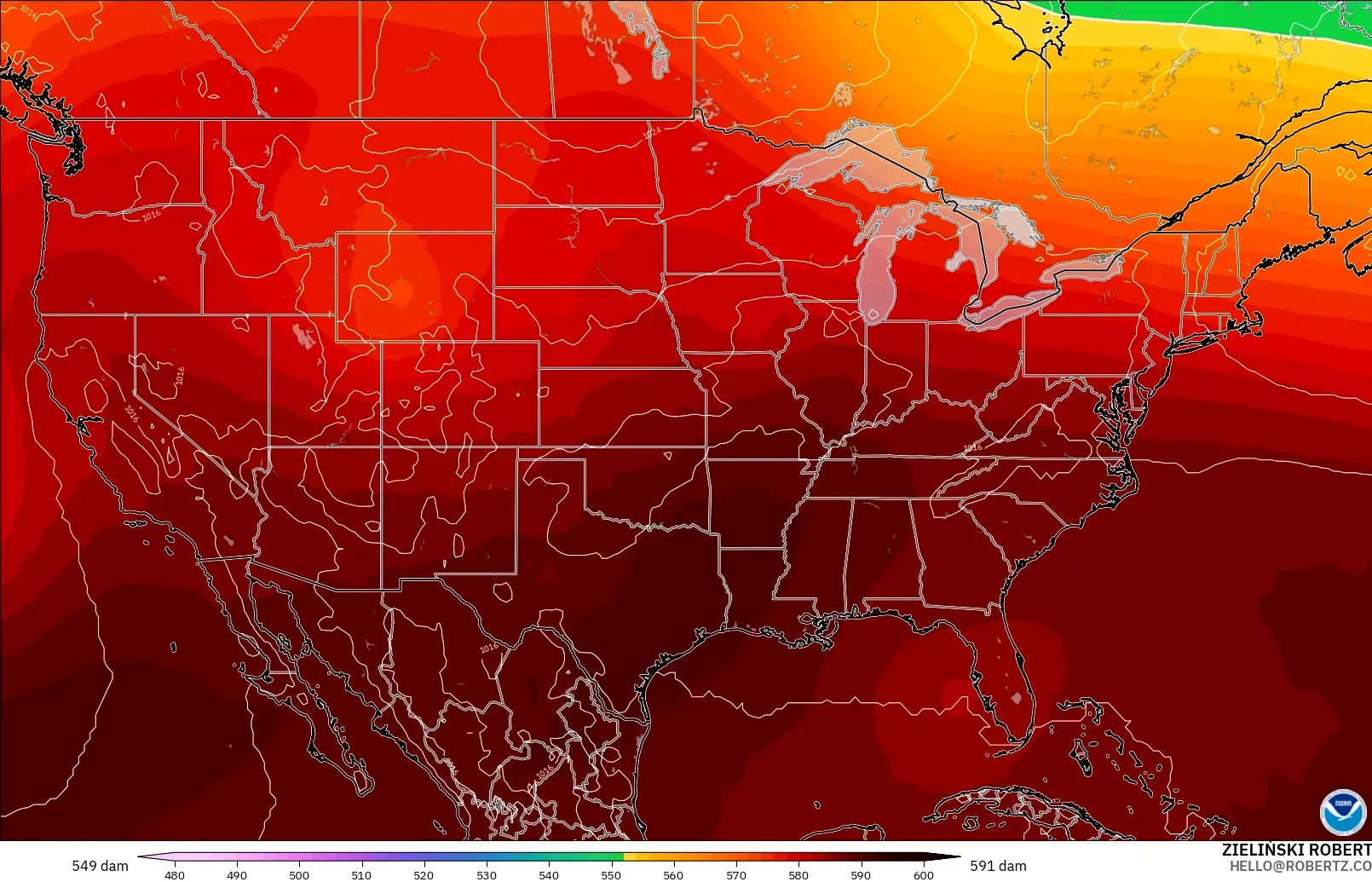 GFS modelo - Estados Unidos, Altura geopotencial a 500 hPa