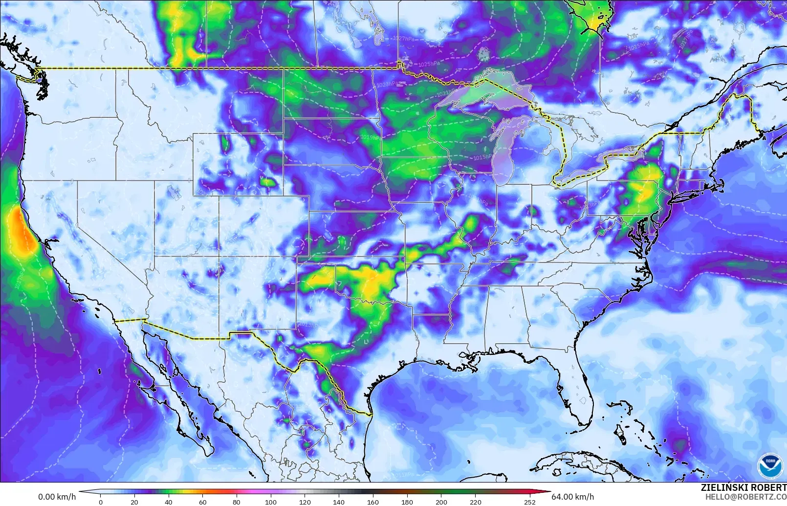 GFS modelo - Estados Unidos, Rajadas de vento