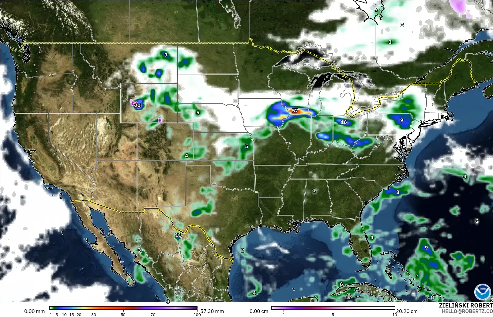 GFS modelo - Estados Unidos, Precipitação, nuvens e pressão