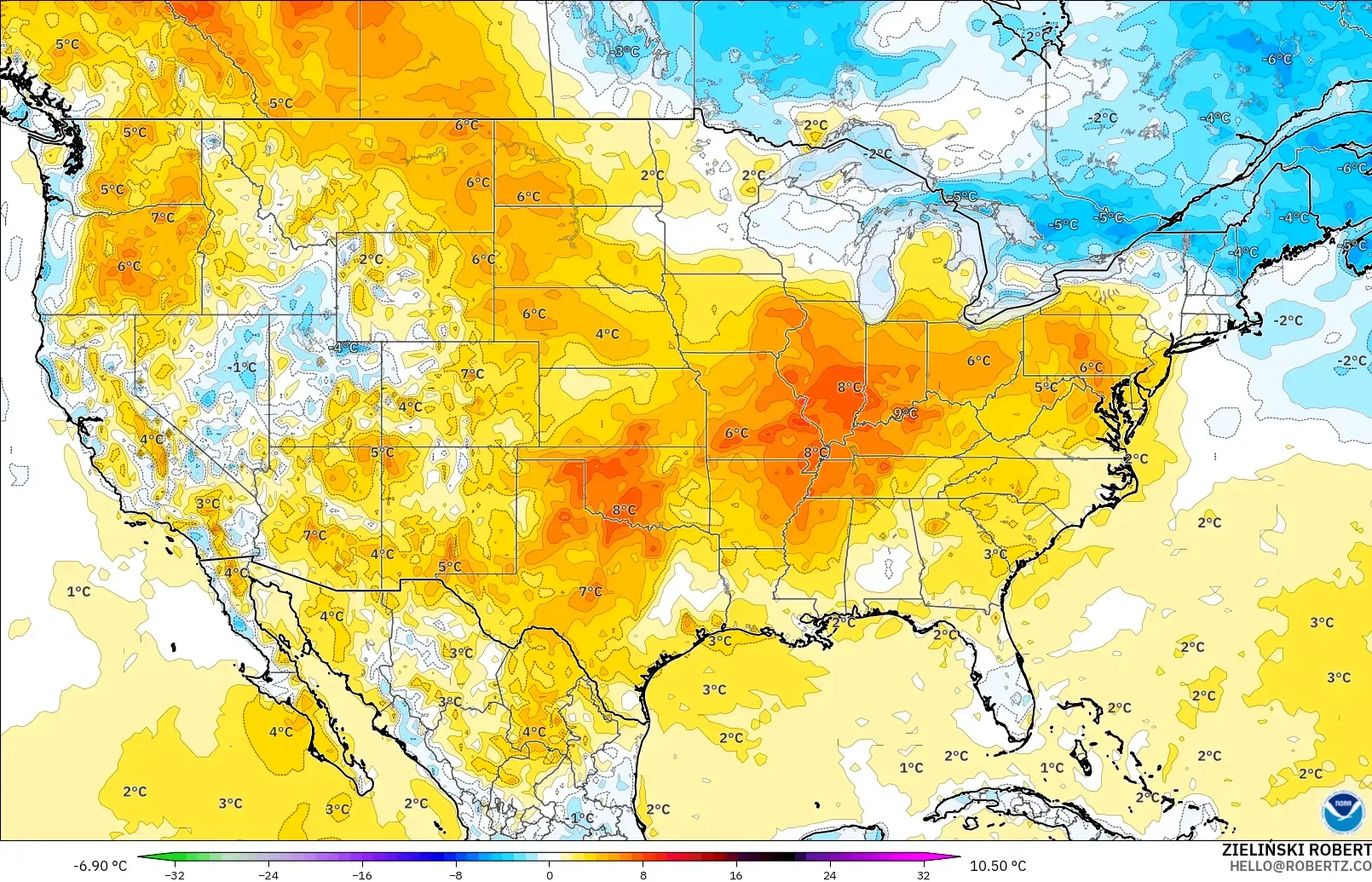 GFS modelo - Estados Unidos, Anomalia de temperatura a 2 m