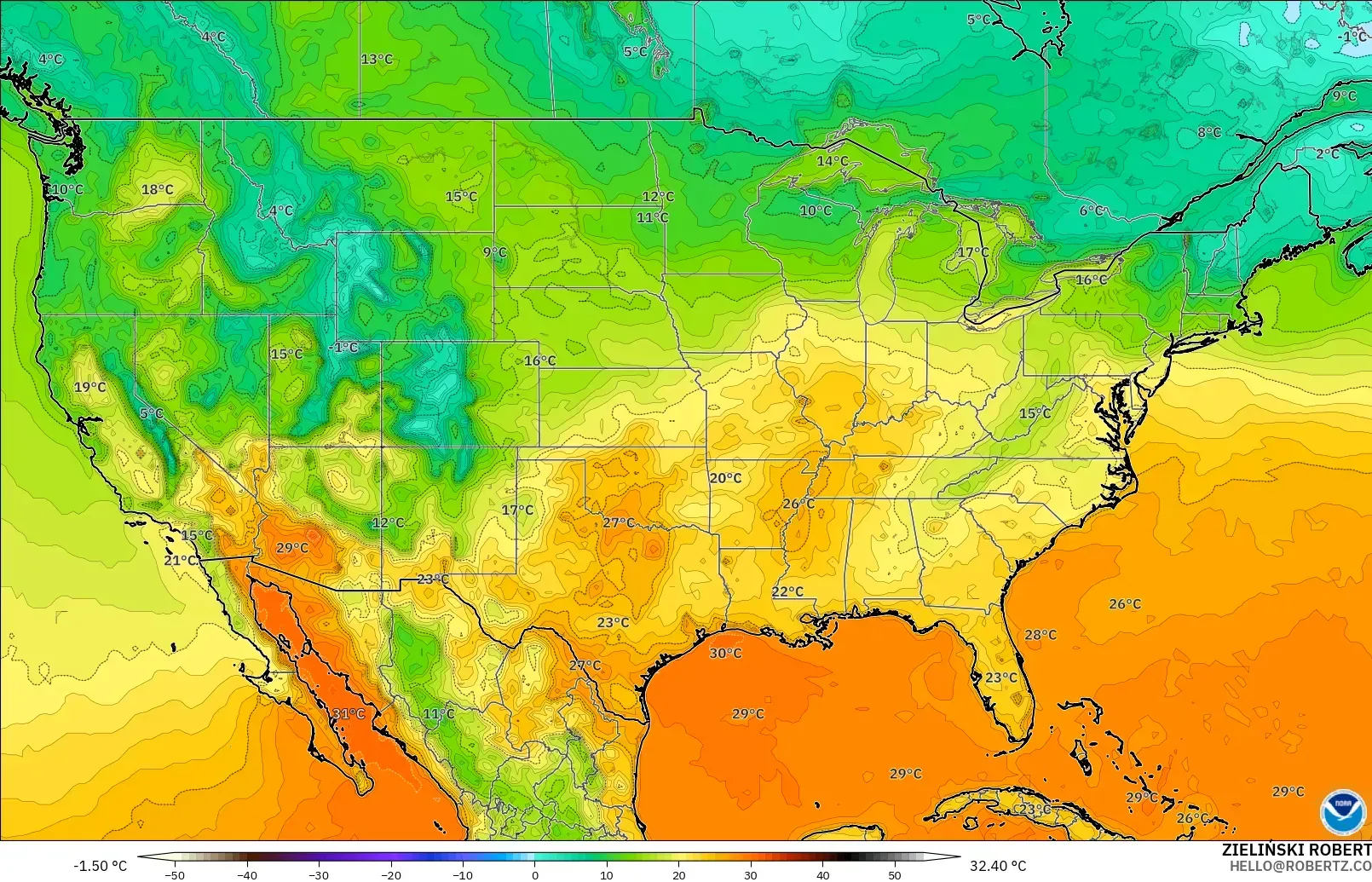 GFS modelo - Estados Unidos, Temperatura a 2 m
