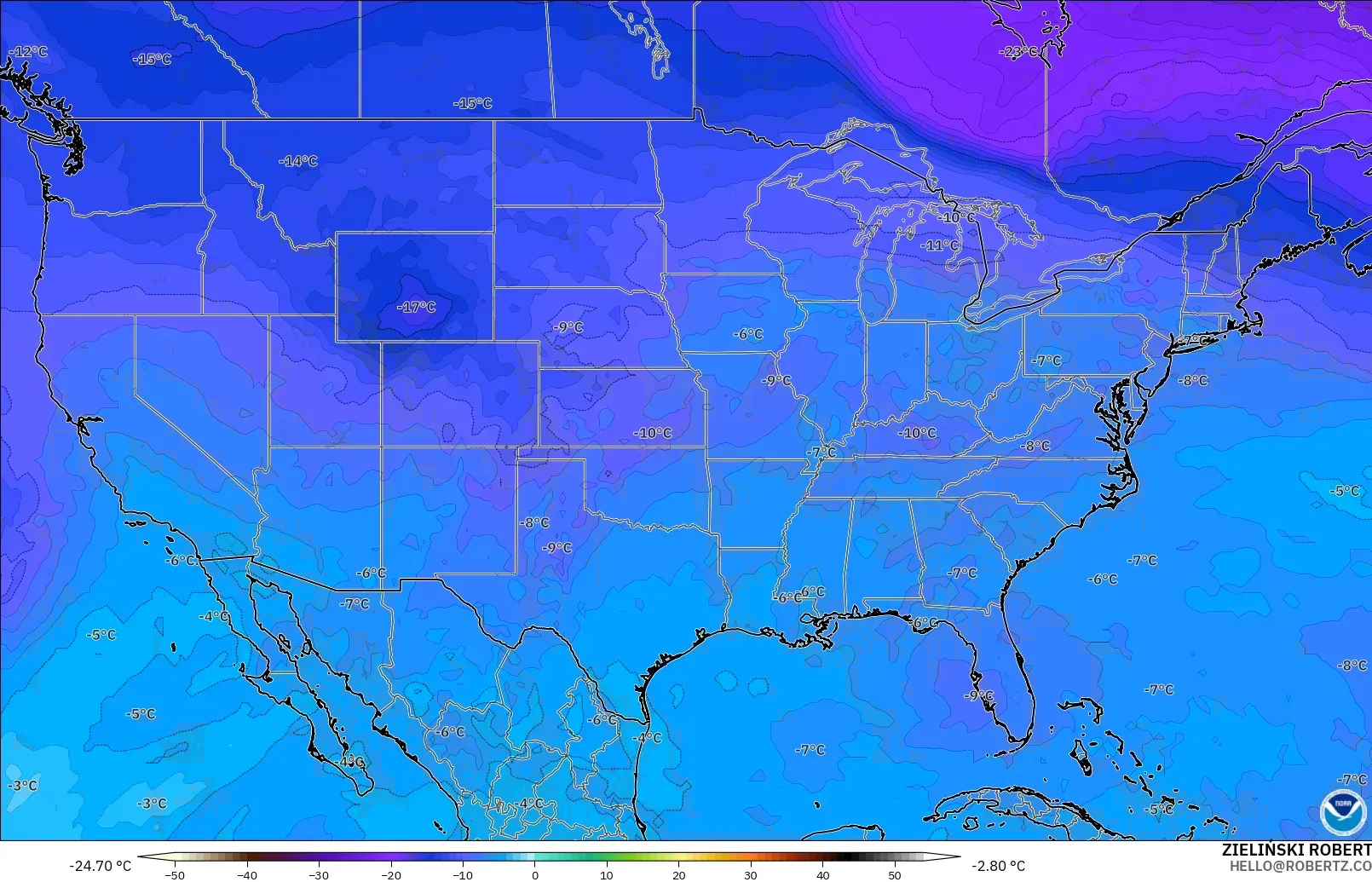 GFS modelo - Estados Unidos, Temperatura a 500 hPa