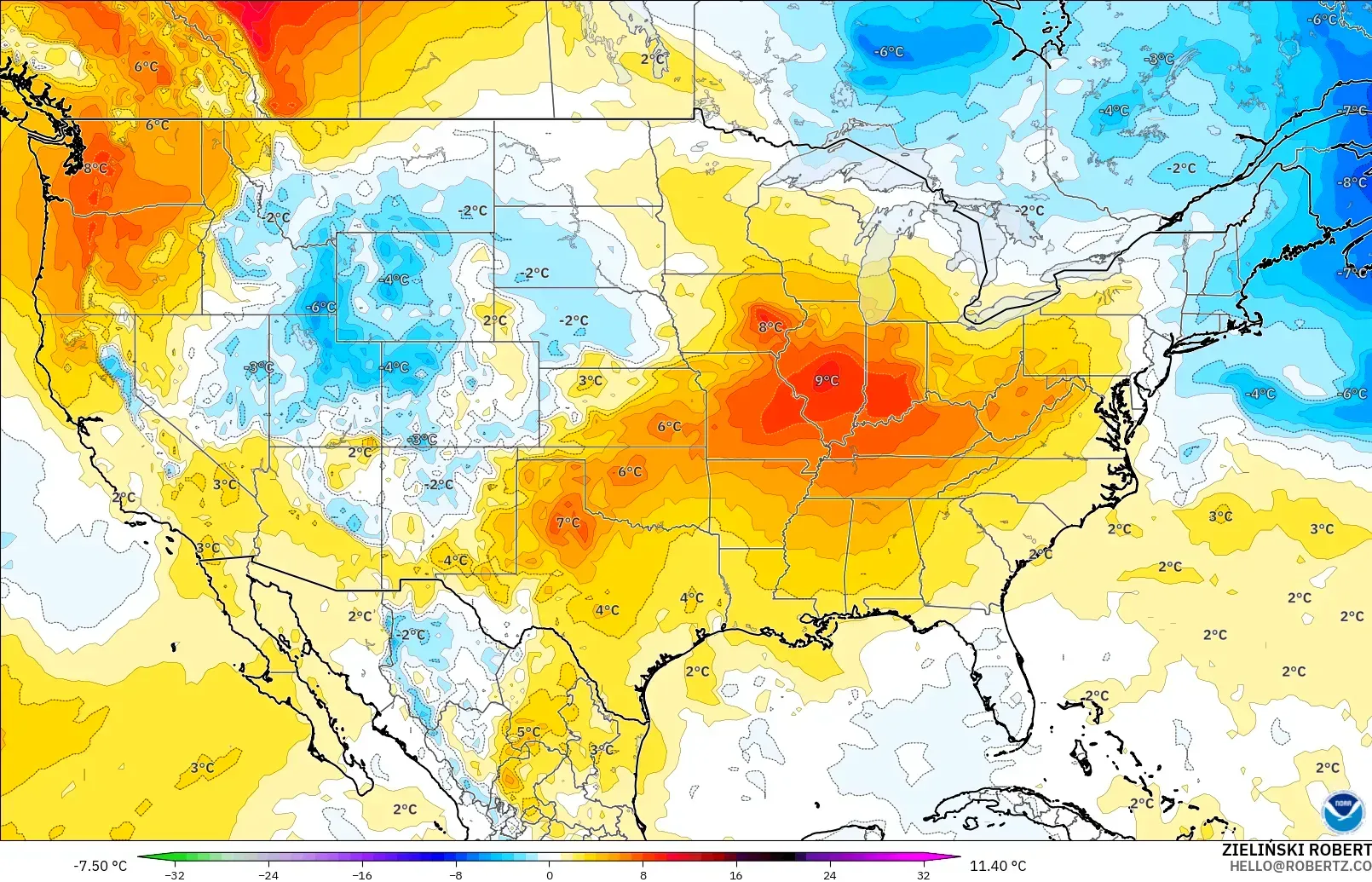 GFS modelo - Estados Unidos, Anomalia de temperatura a 850 hPa