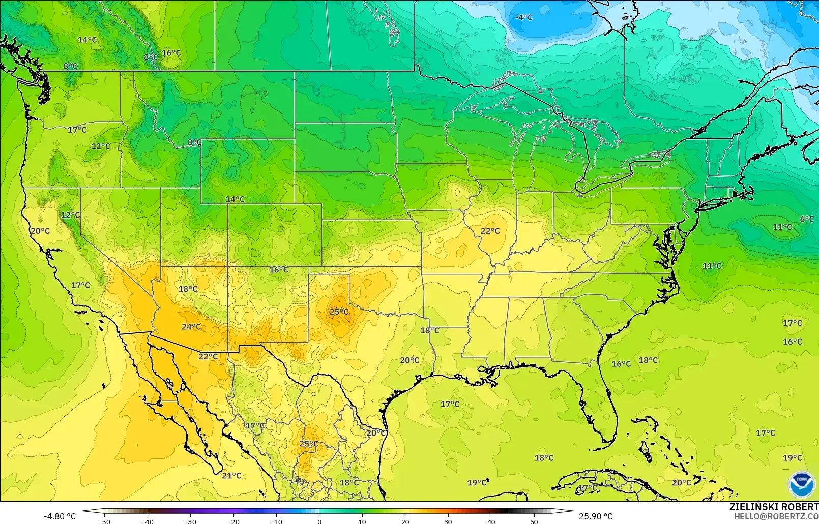 GFS modelo - Estados Unidos, Temperatura a 850 hPa