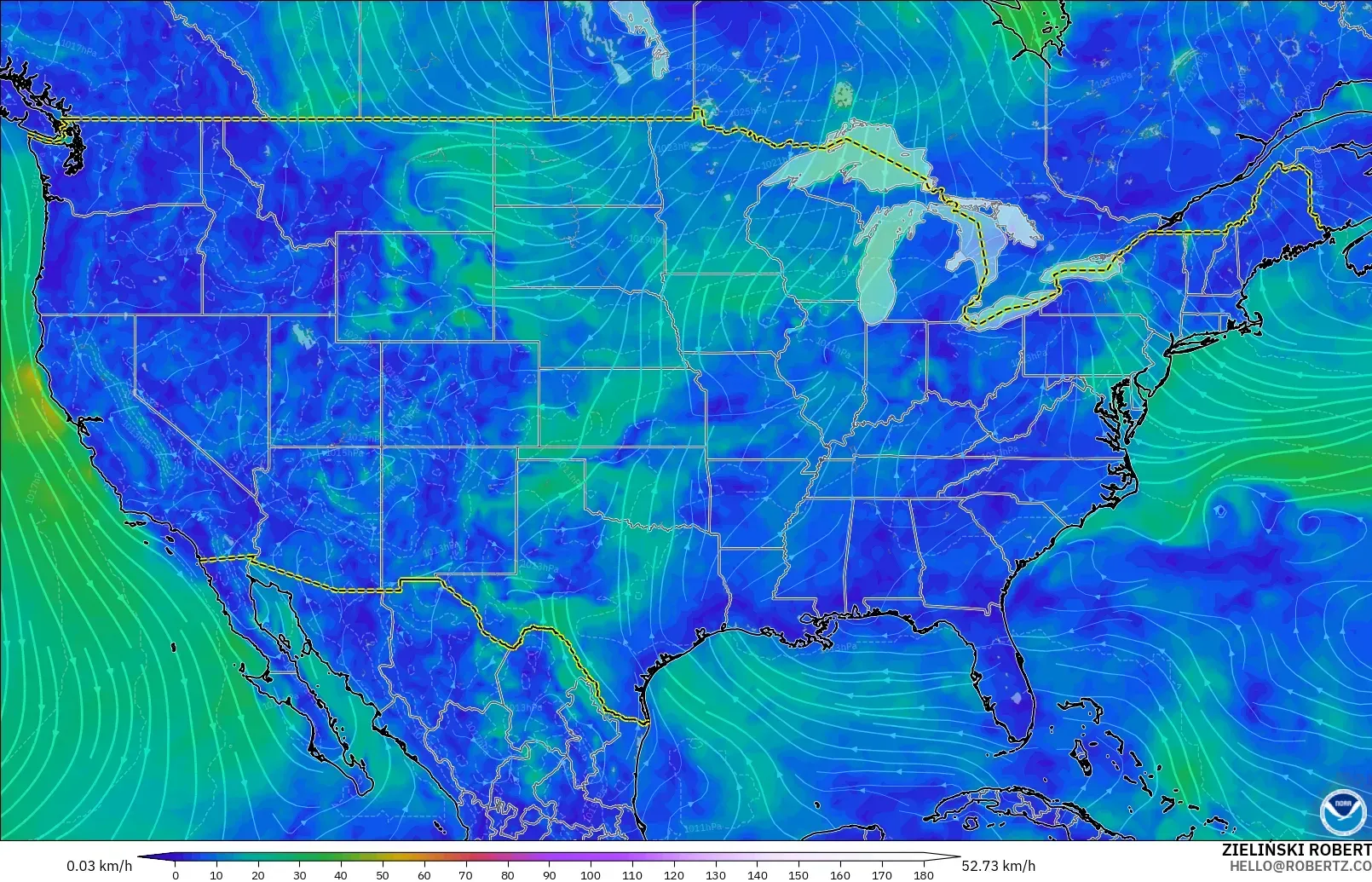 GFS modelo - Estados Unidos, Vento a 10 m