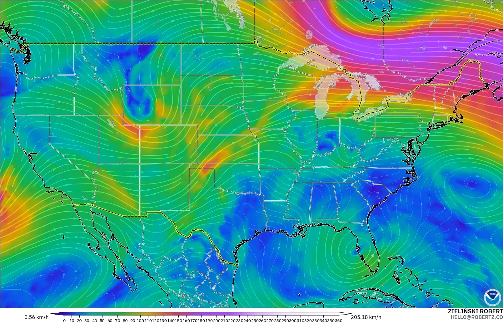 GFS modelo - Estados Unidos, Vento a 300 hPa (corrente em jato)