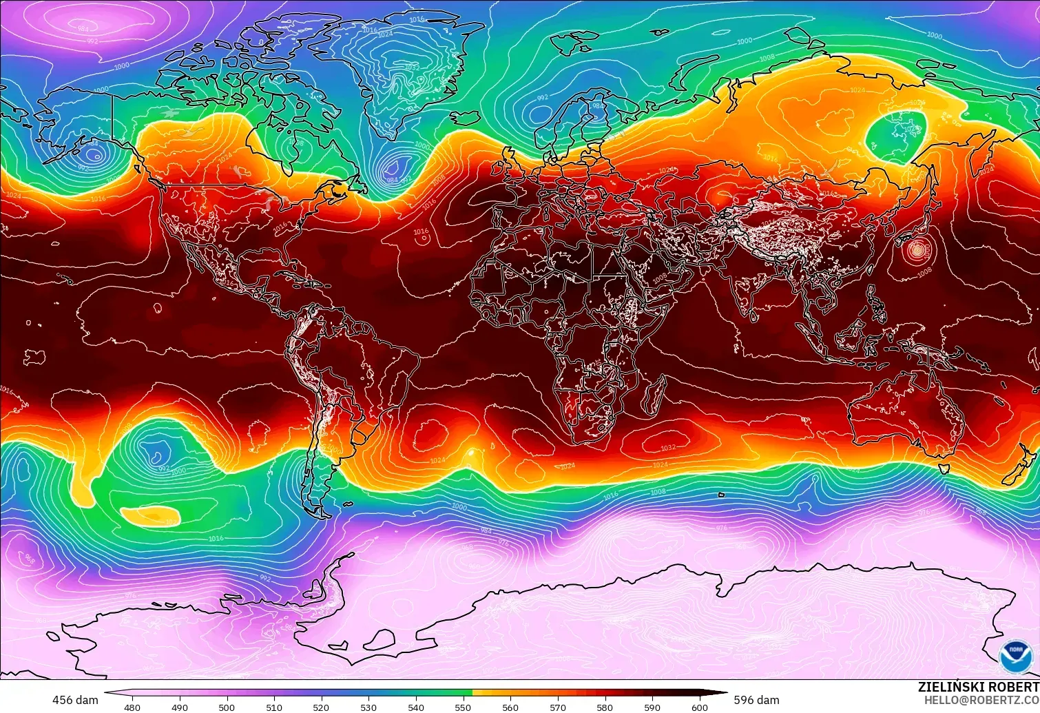 GFS modelo - Mundo, Altura geopotencial a 500 hPa