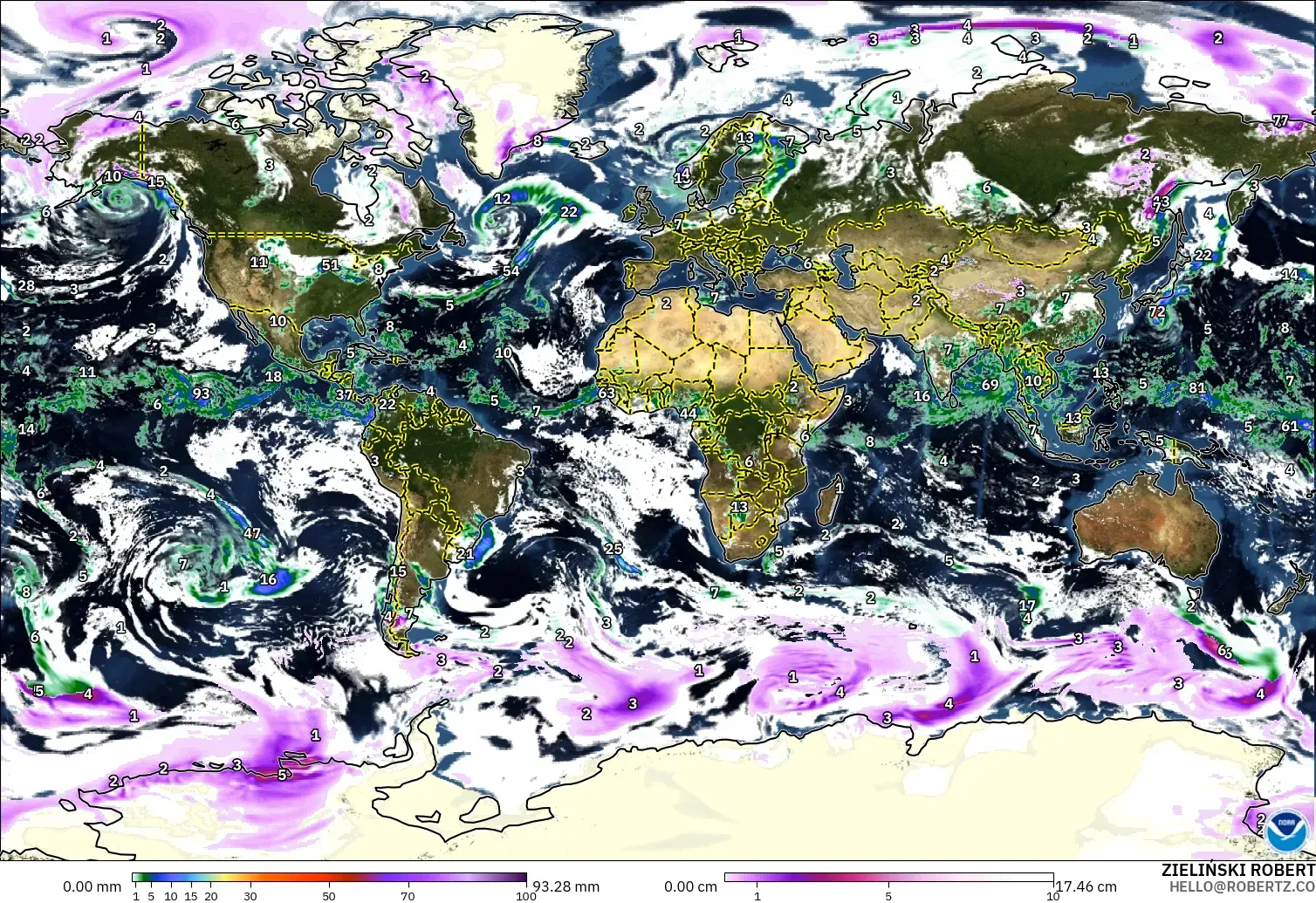 GFS modelo - Mundo, Precipitação, nuvens e pressão