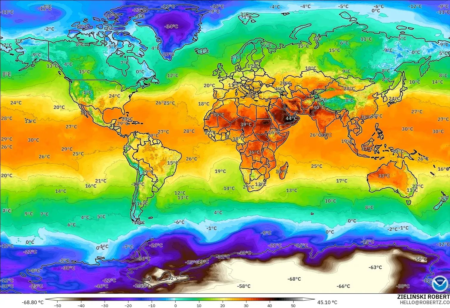 GFS modelo - Mundo, Temperatura a 2 m