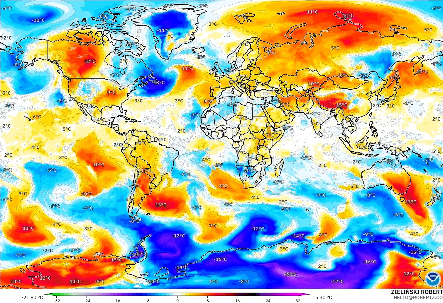 GFS modelo - Mundo, Anomalia de temperatura a 850 hPa