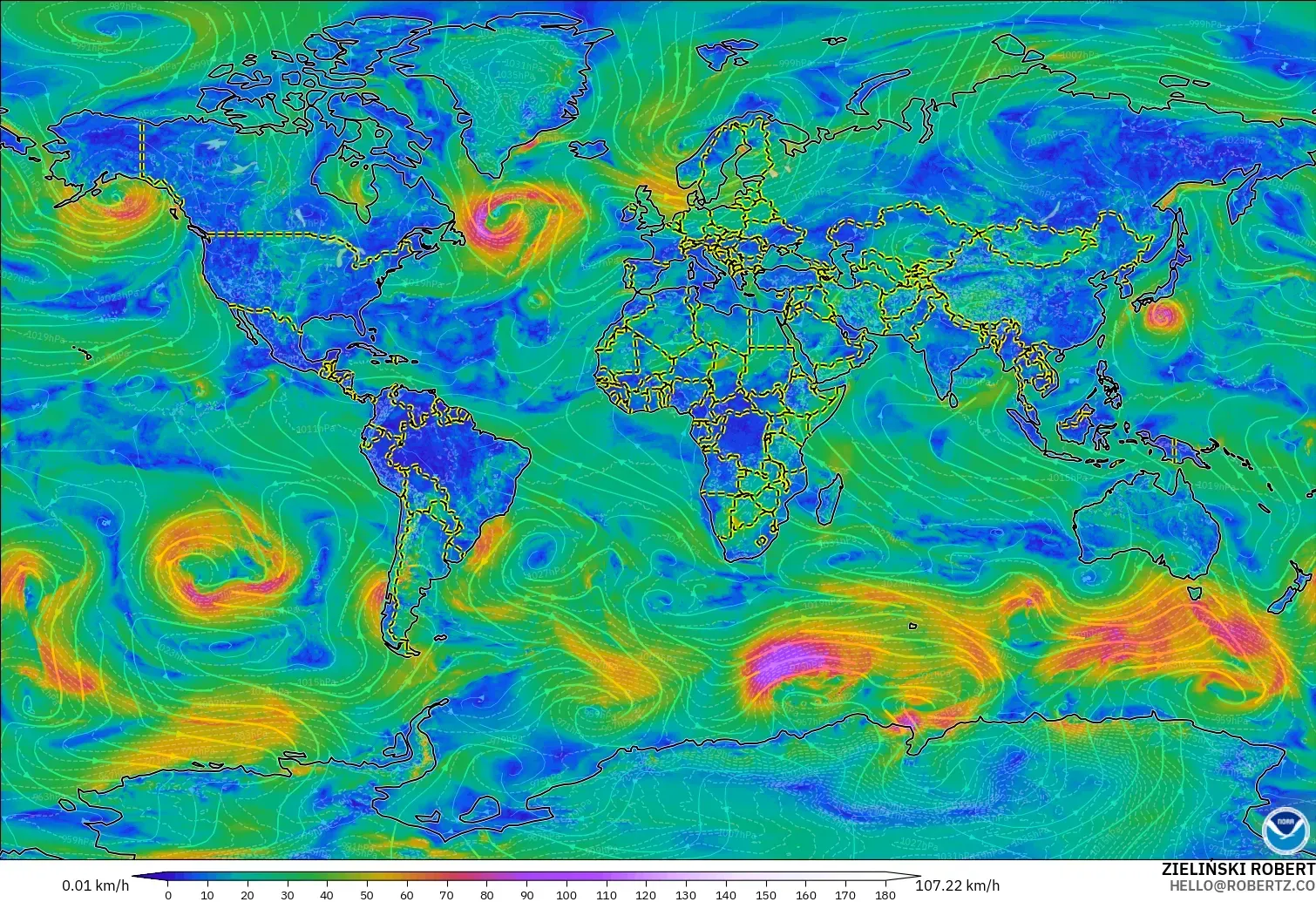 GFS modelo - Mundo, Vento a 10 m