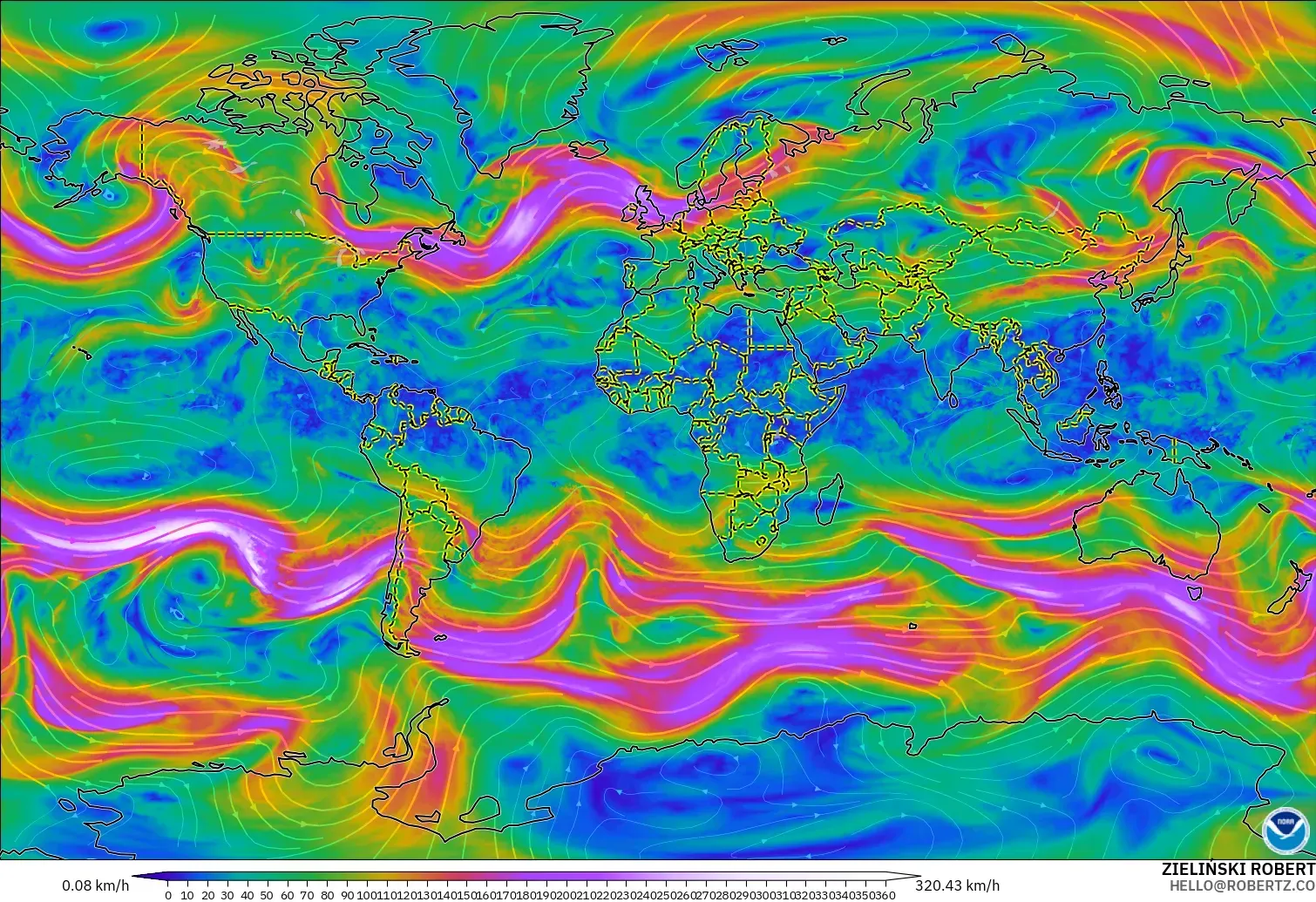 GFS modelo - Mundo, Vento a 300 hPa (corrente em jato)
