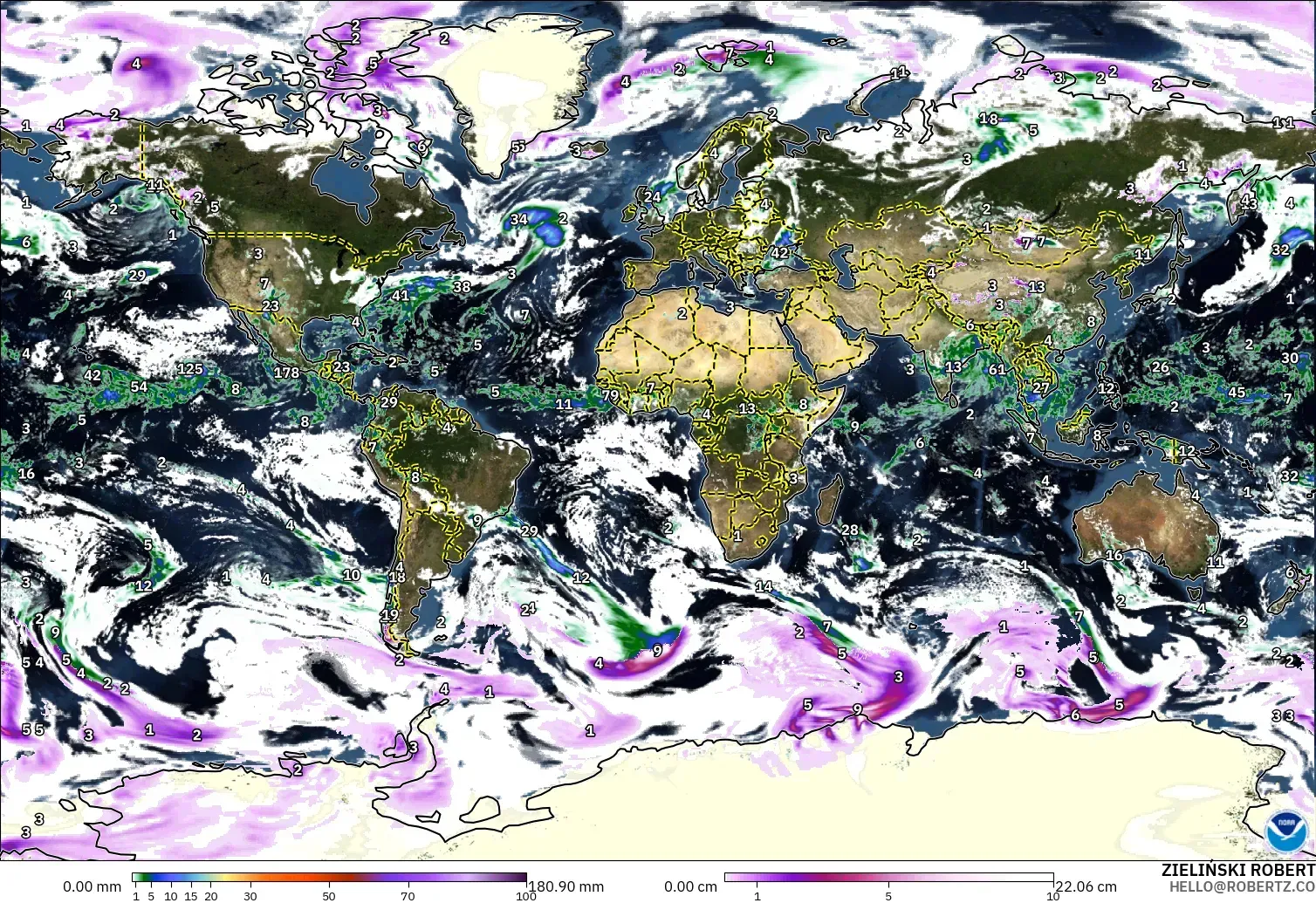 GFS modelo - Mundo, Precipitação, nuvens e pressão