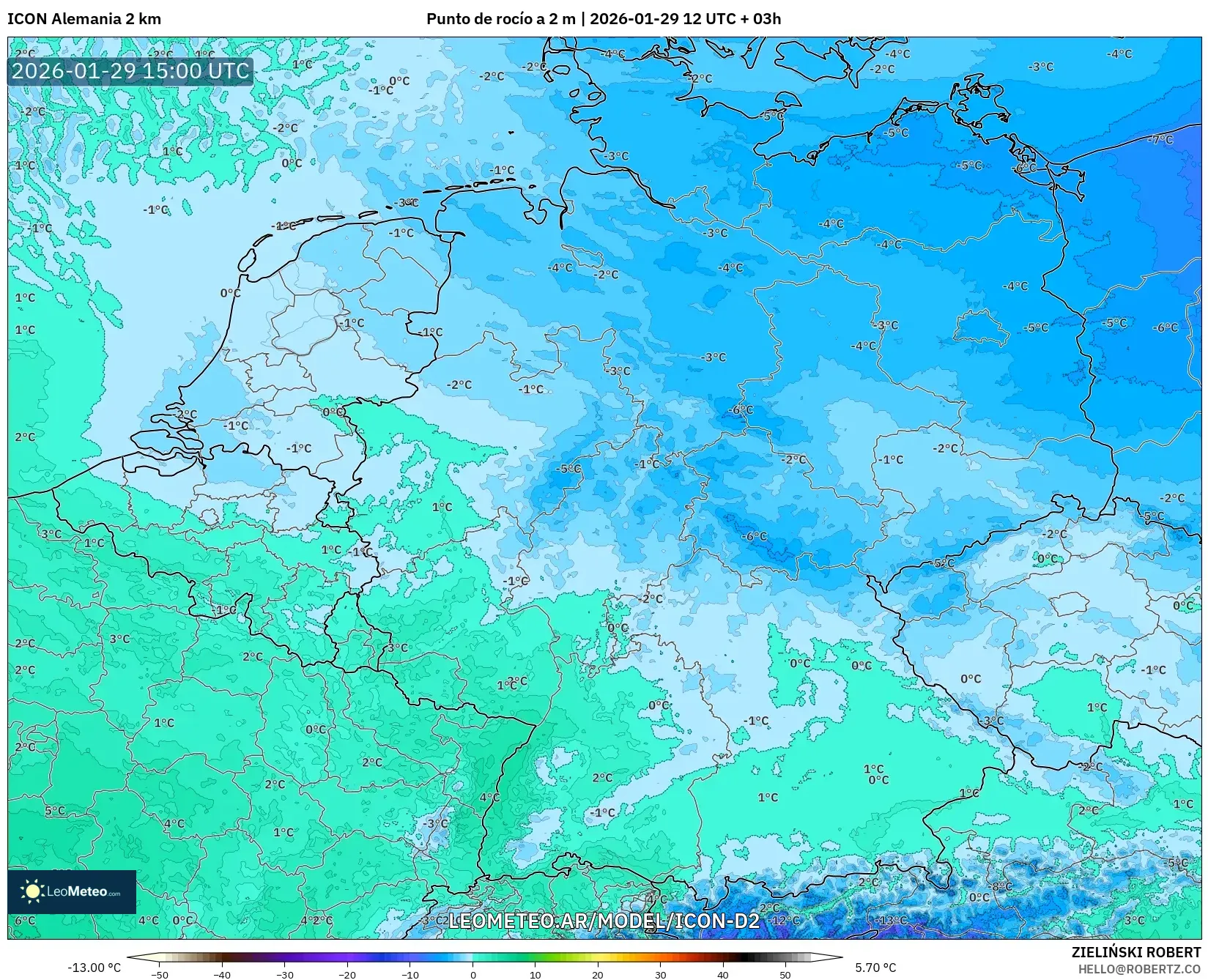 ICON Alemanha 2 km model - Alemanha, Ponto de orvalho a 2 m