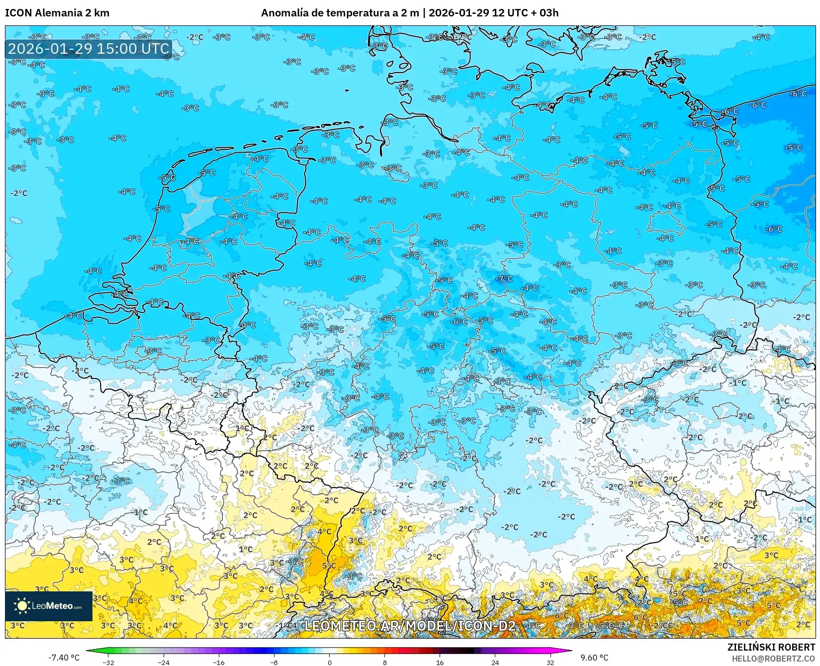ICON Alemanha 2 km model - Alemanha, Anomalia de temperatura a 2 m