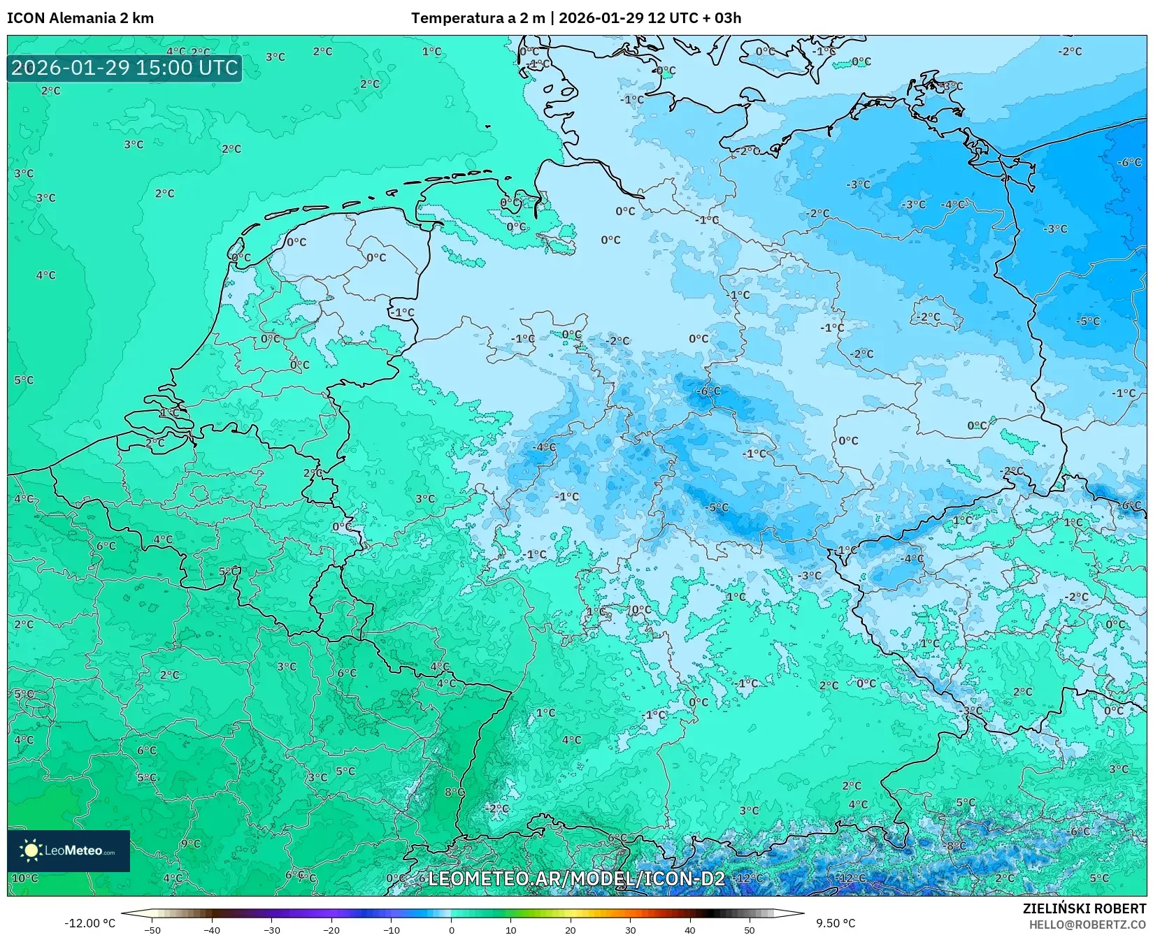 ICON Alemanha 2 km model - Alemanha, Temperatura a 2 m