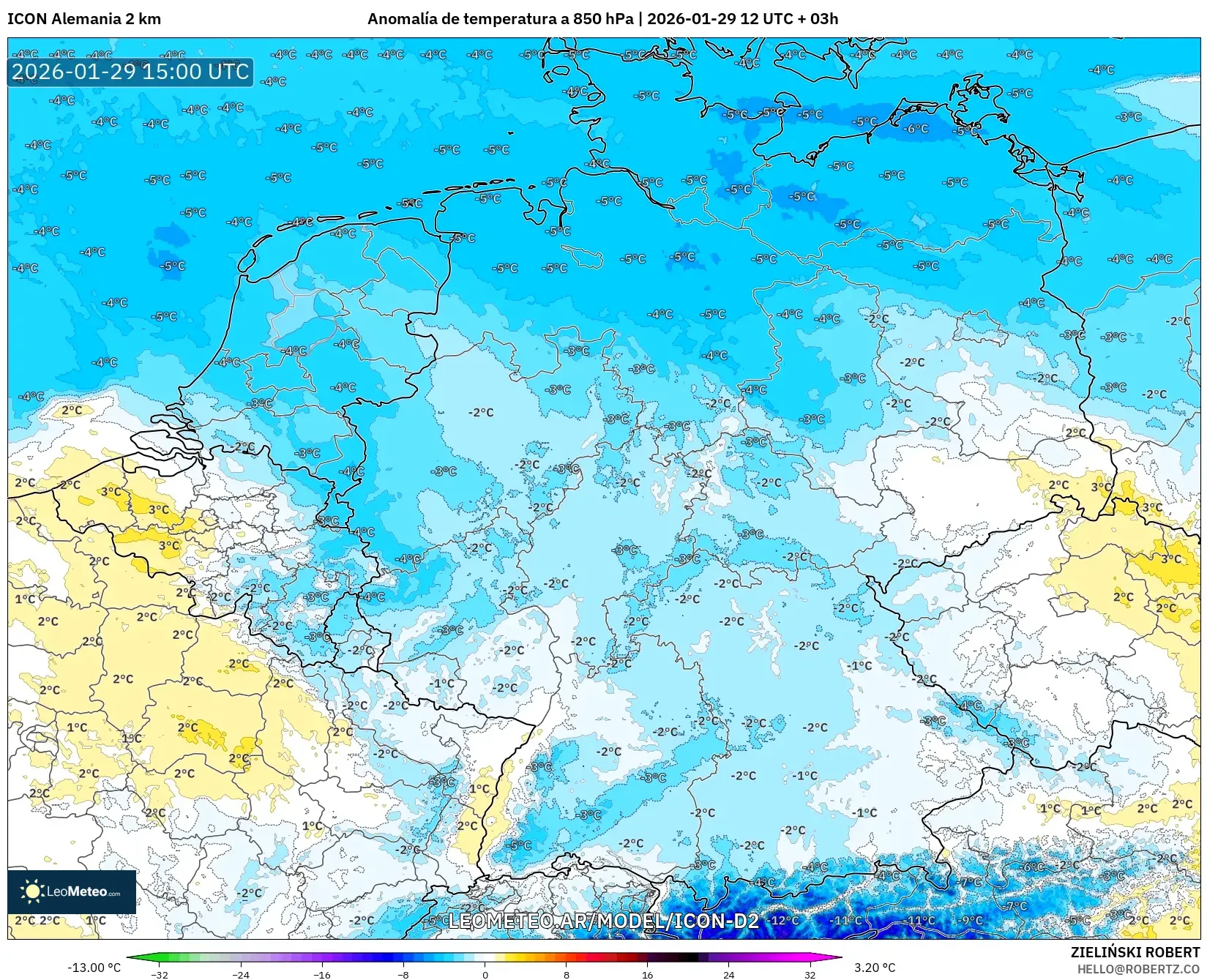 ICON Alemanha 2 km model - Alemanha, Anomalia de temperatura a 850 hPa