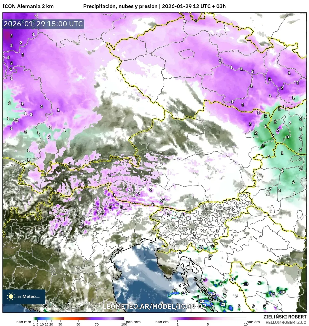 ICON Alemanha 2 km model - Áustria, Precipitação, nuvens e pressão