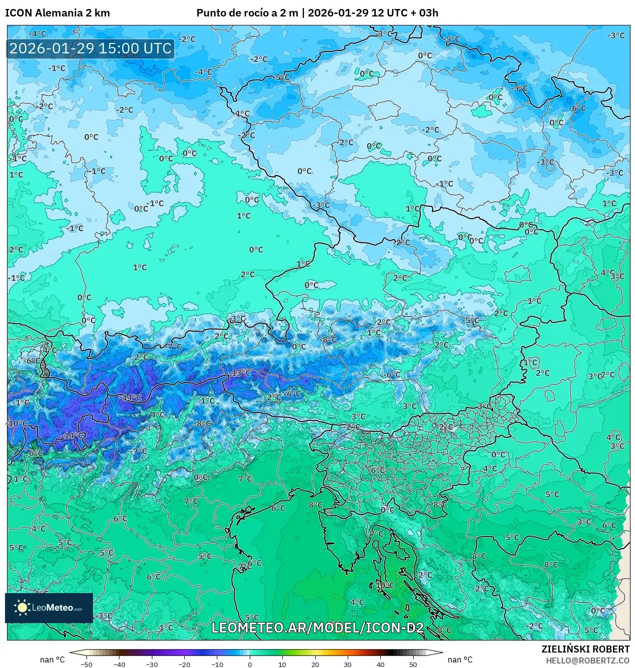 ICON Alemanha 2 km model - Áustria, Ponto de orvalho a 2 m