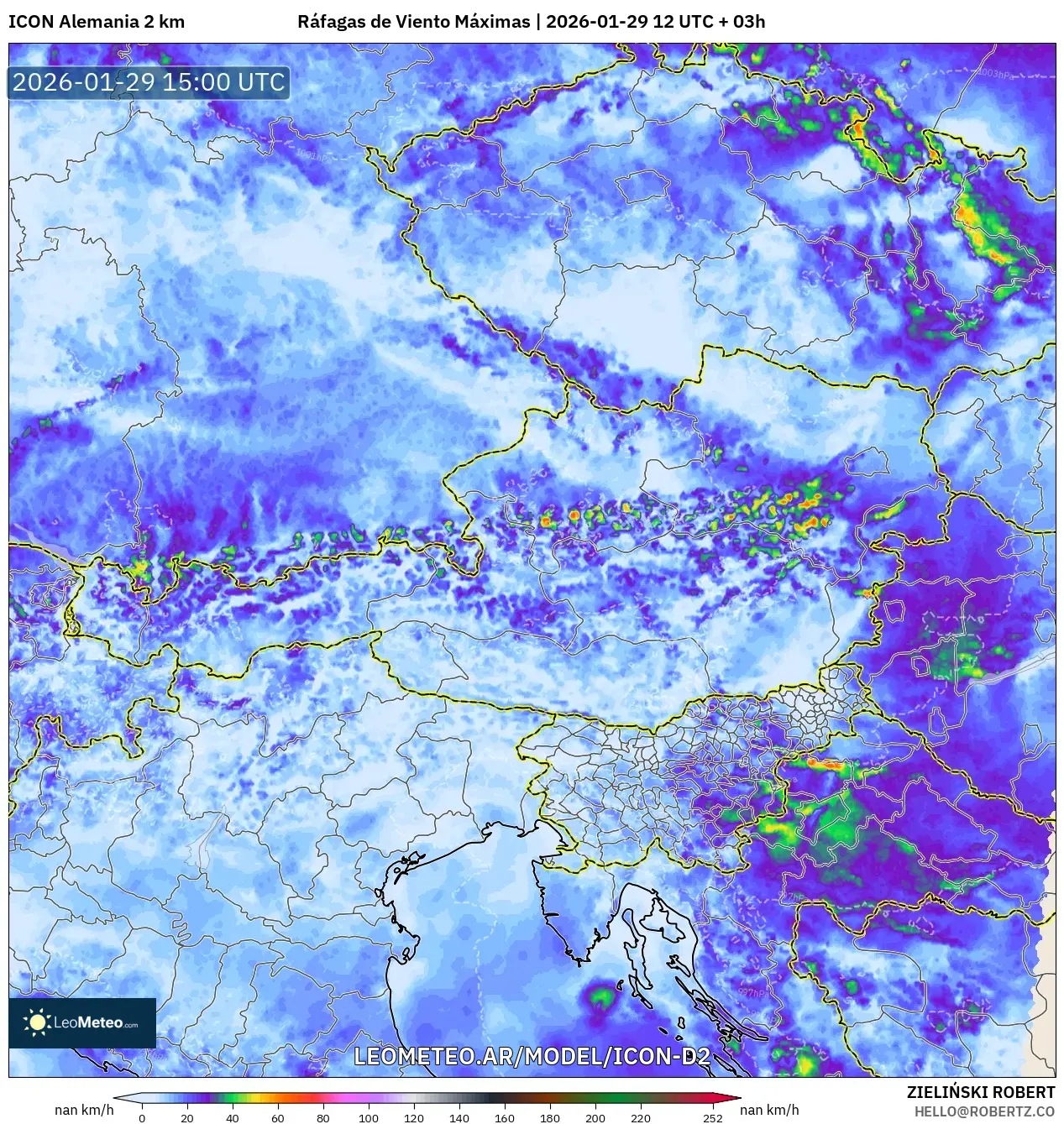 ICON Alemanha 2 km model - Áustria, Rajadas de Vento Máximas
