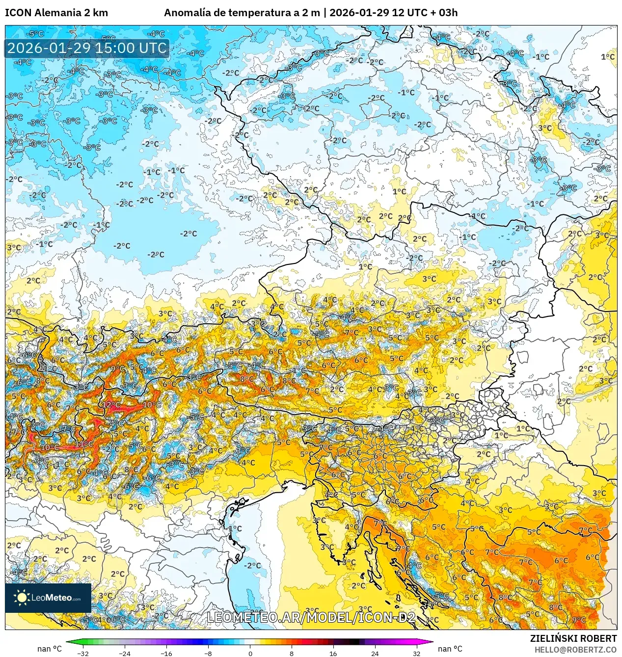 ICON Alemanha 2 km model - Áustria, Anomalia de temperatura a 2 m