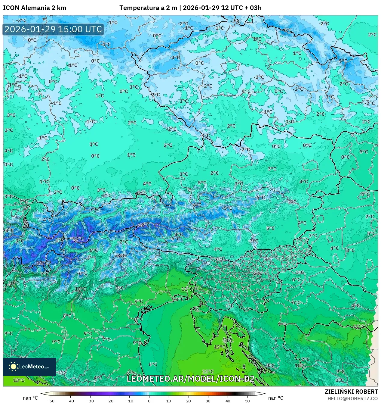 ICON Alemanha 2 km model - Áustria, Temperatura a 2 m
