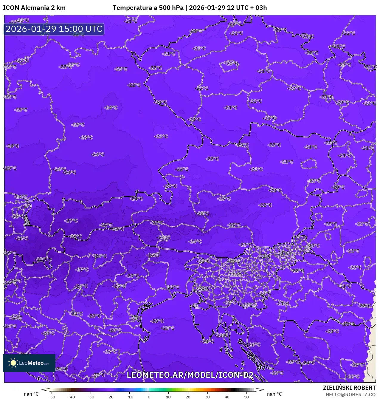 ICON Alemanha 2 km model - Áustria, Temperatura a 500 hPa