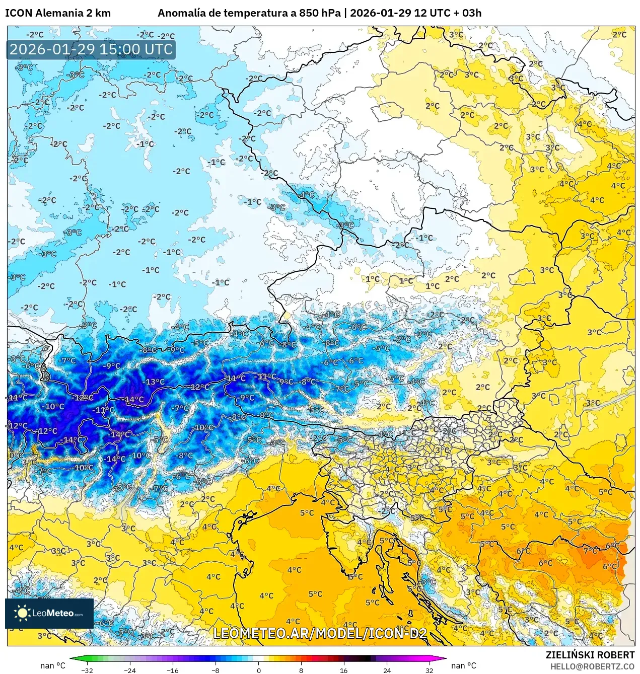 ICON Alemanha 2 km model - Áustria, Anomalia de temperatura a 850 hPa