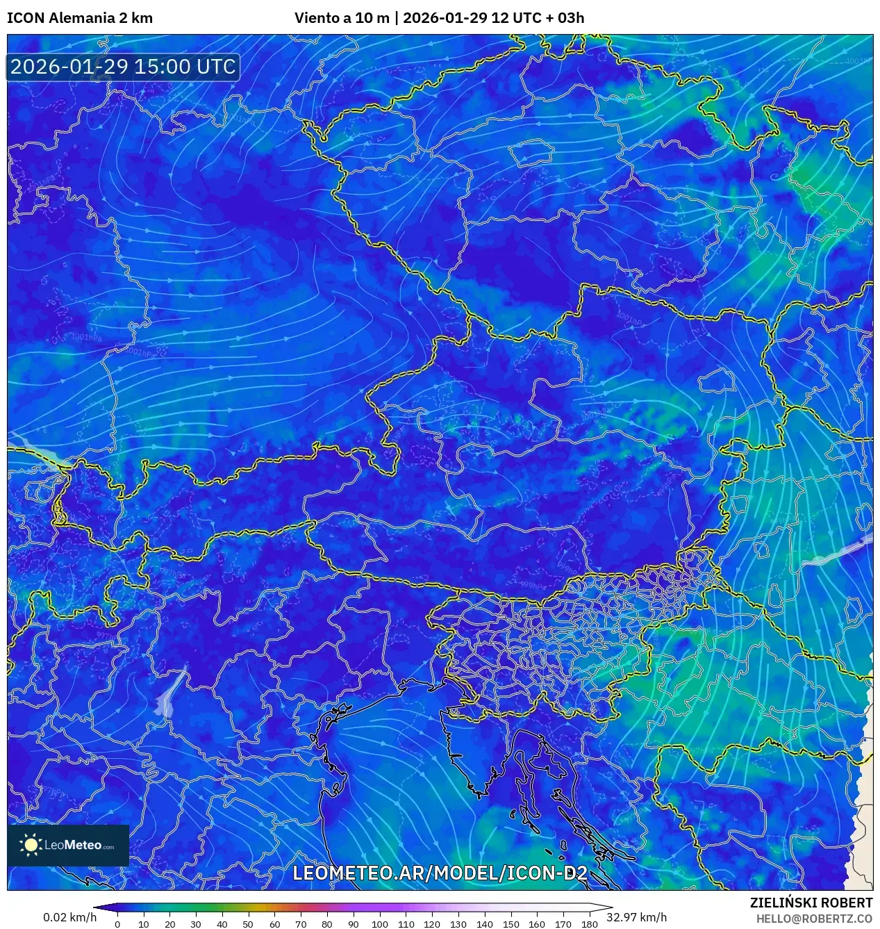 ICON Alemanha 2 km model - Áustria, Vento a 10 m