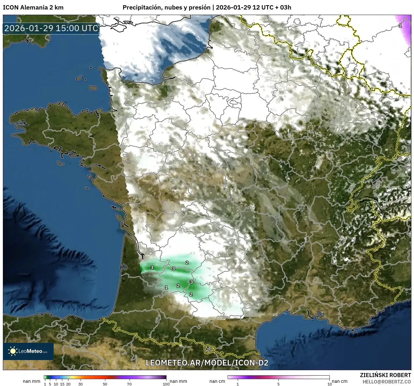 ICON Alemanha 2 km model - França, Precipitação, nuvens e pressão